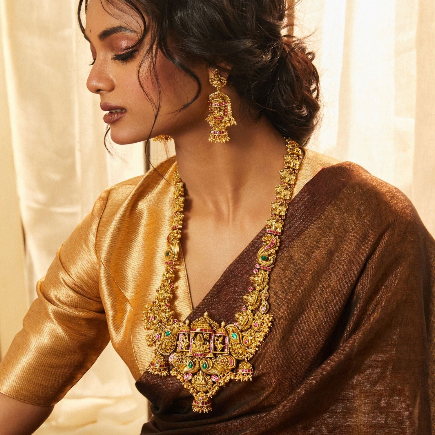 Laxmi Kempu Antique Nakshi Silver Necklace Set