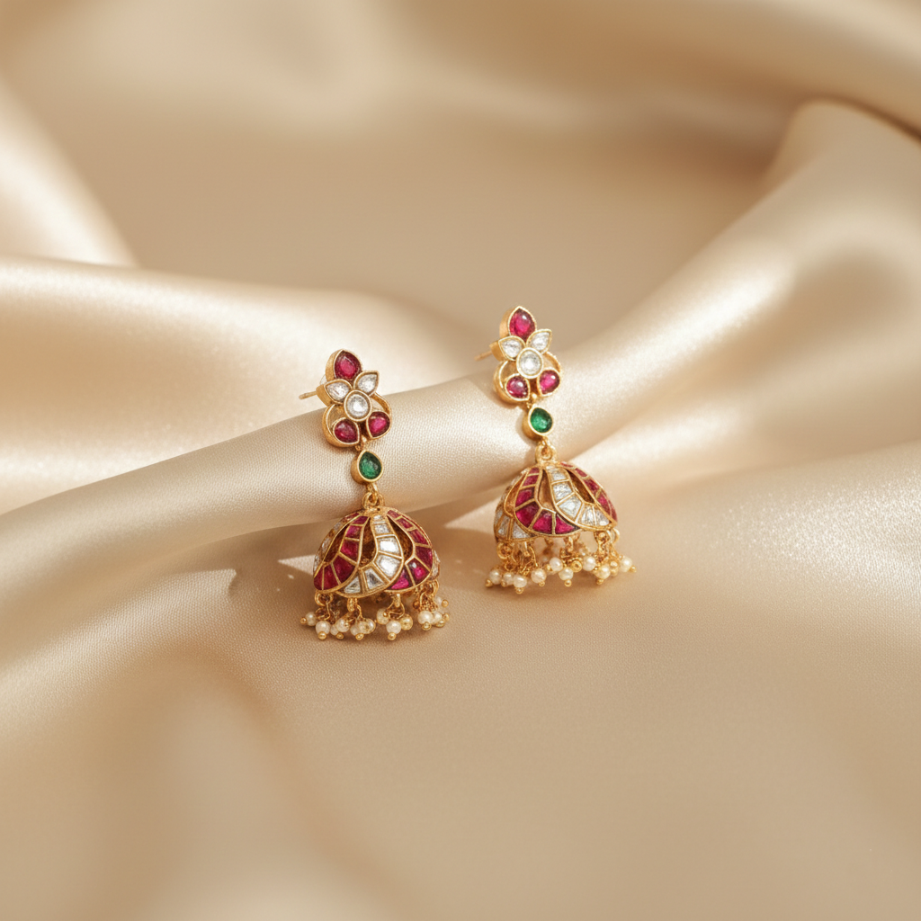 Arni Polki Jhumki Silver Earrings