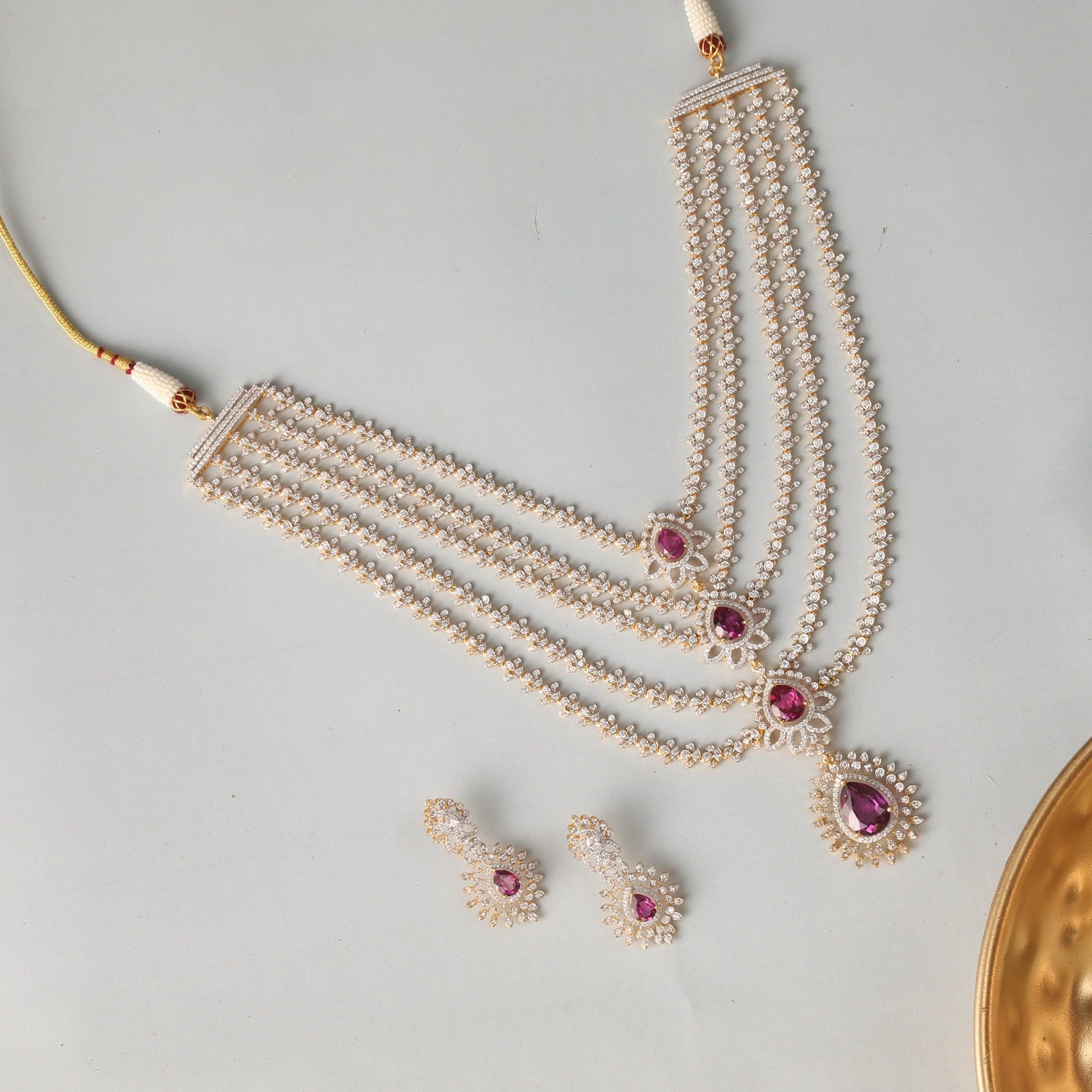 Pink Serenity Multi-Layered Silver CZ Necklace Set