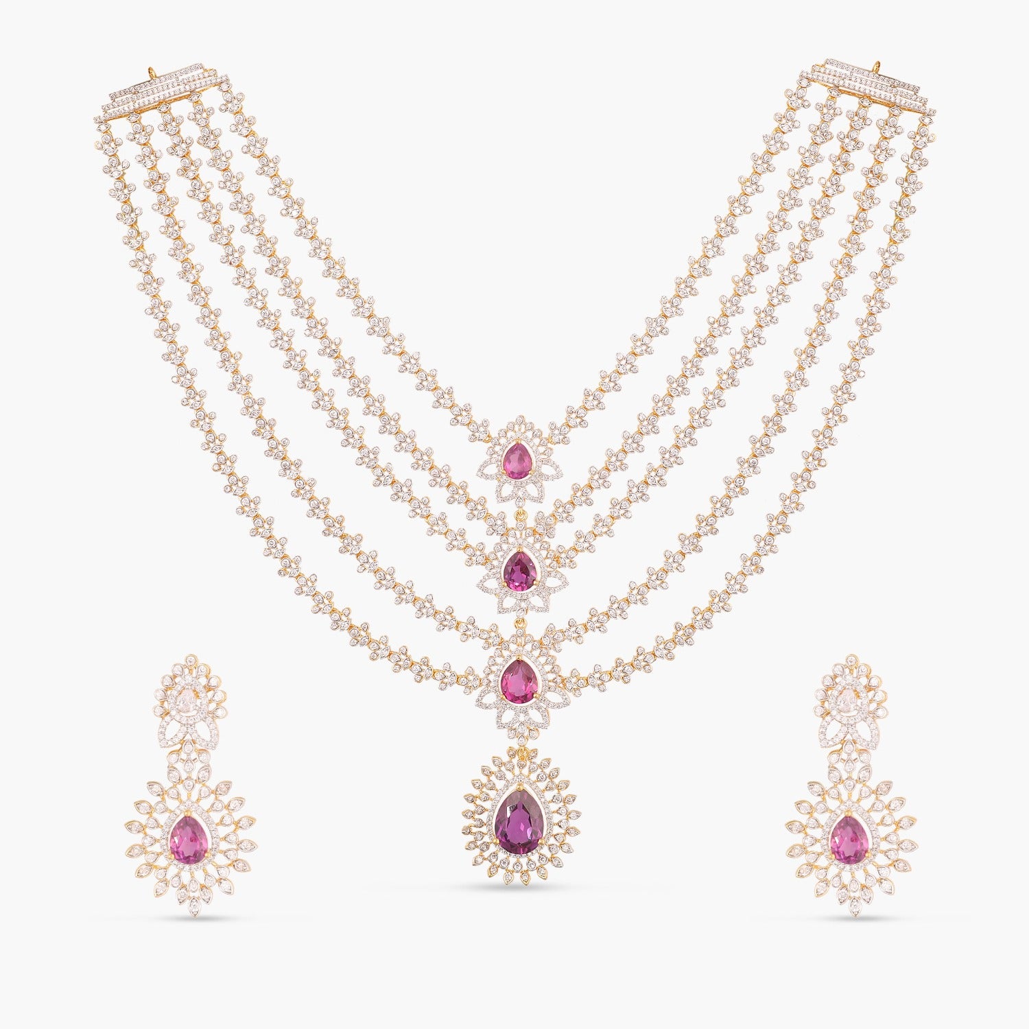 Pink Serenity Multi-Layered Silver CZ Necklace Set