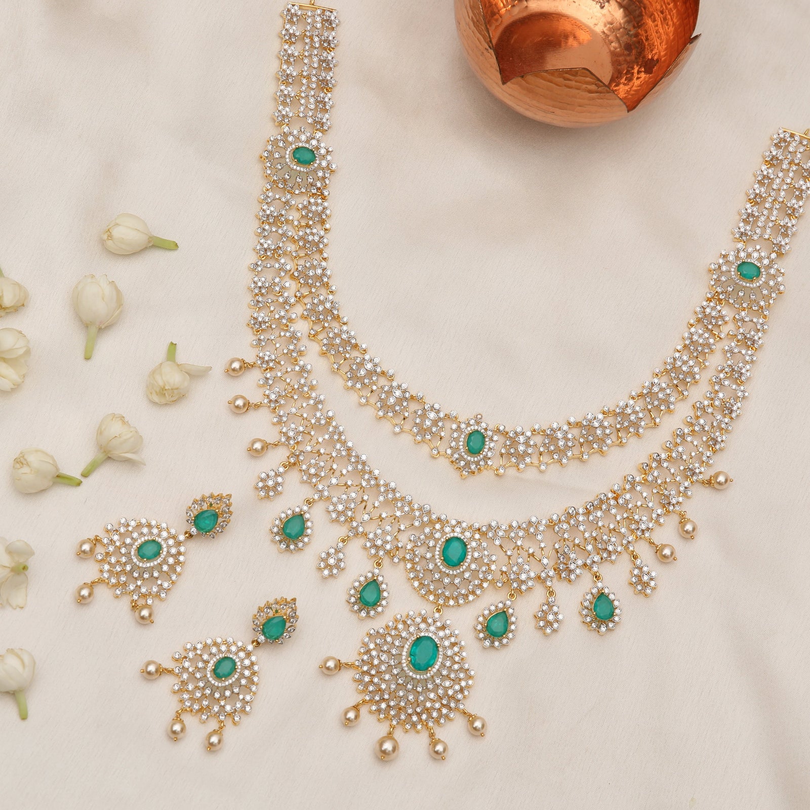 Rhea Double Layered CZ Silver Necklace Set