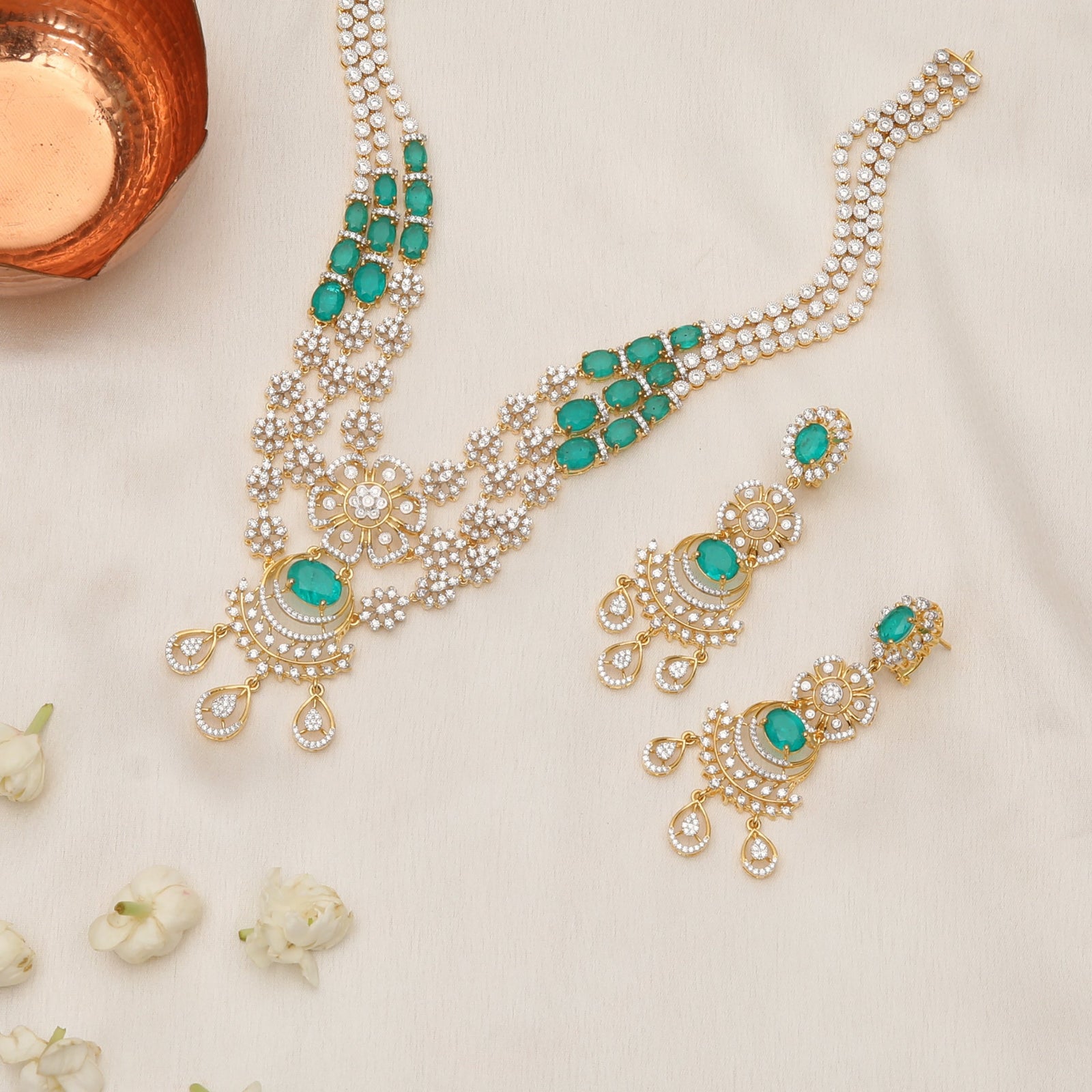 Pushpa Floral Layered CZ Silver Necklace Set