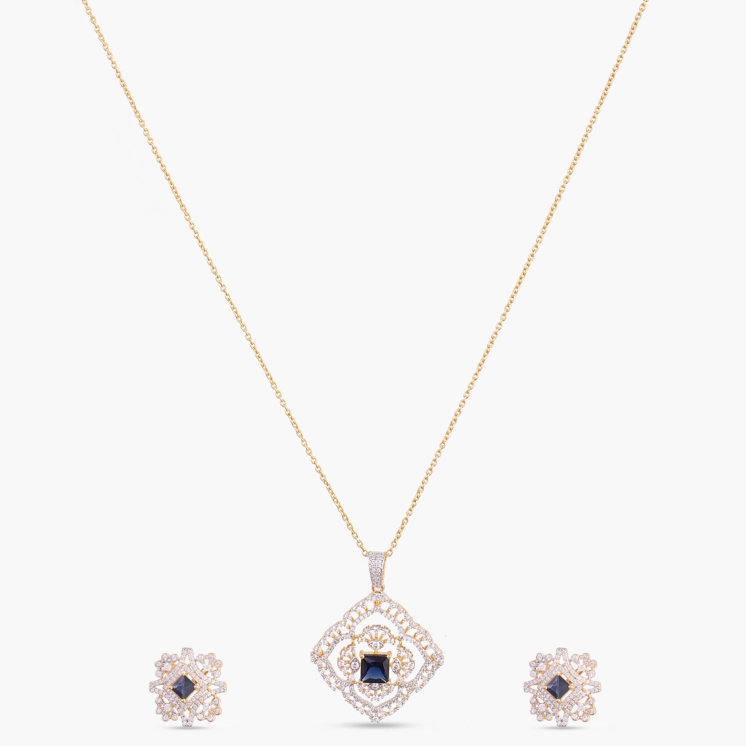 Sapphire Bloom CZ Silver Pendant Set