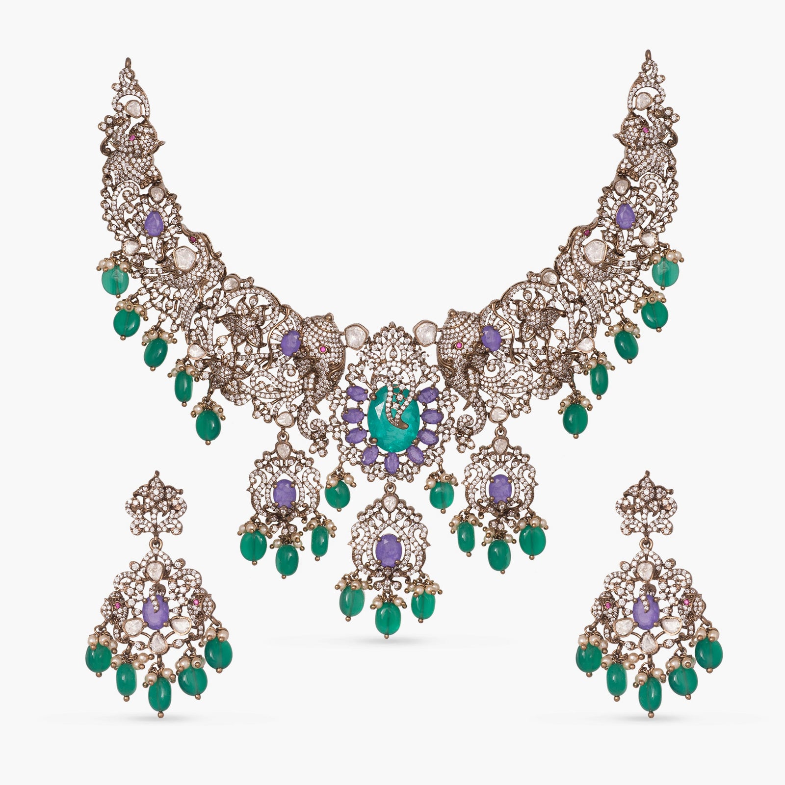 Ishani Moissanite Victorian Silver Necklace Set