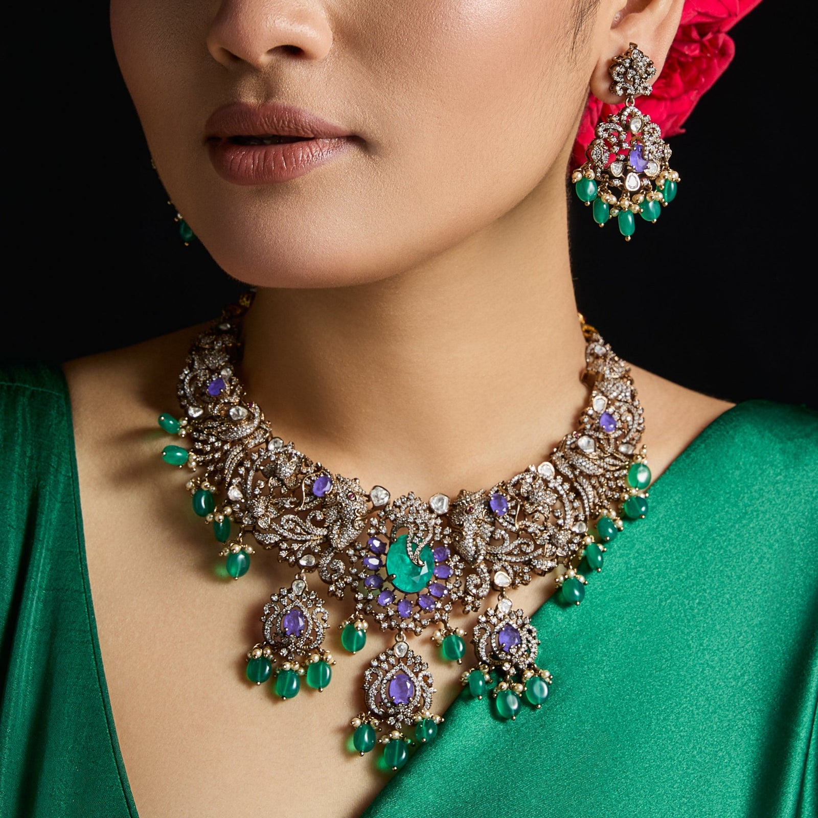 Ishani Moissanite Victorian Silver Necklace Set