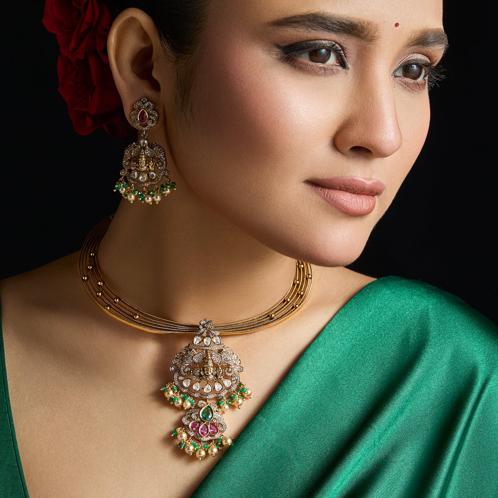 Vedika Kempu Antique Silver Necklace Set