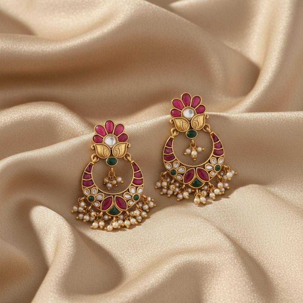 Gulab Kempu Jadau Silver Chandbali Earrings