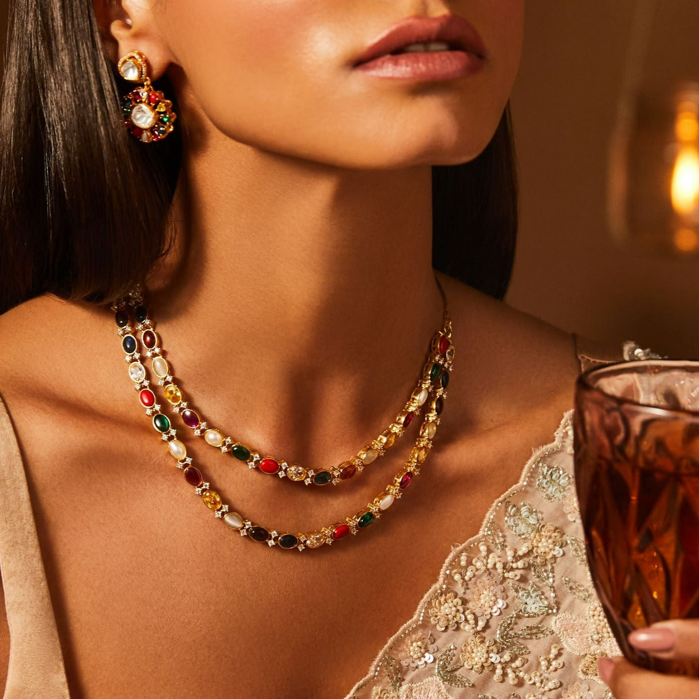 Cosmic Navratna Radiance Layered Silver Necklace