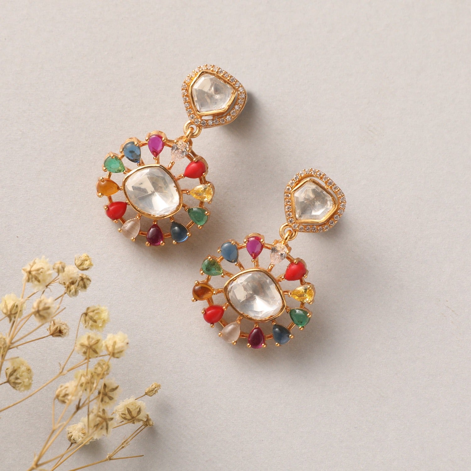 Navratna and Moissanites Brilliance Silver Drop Earrings