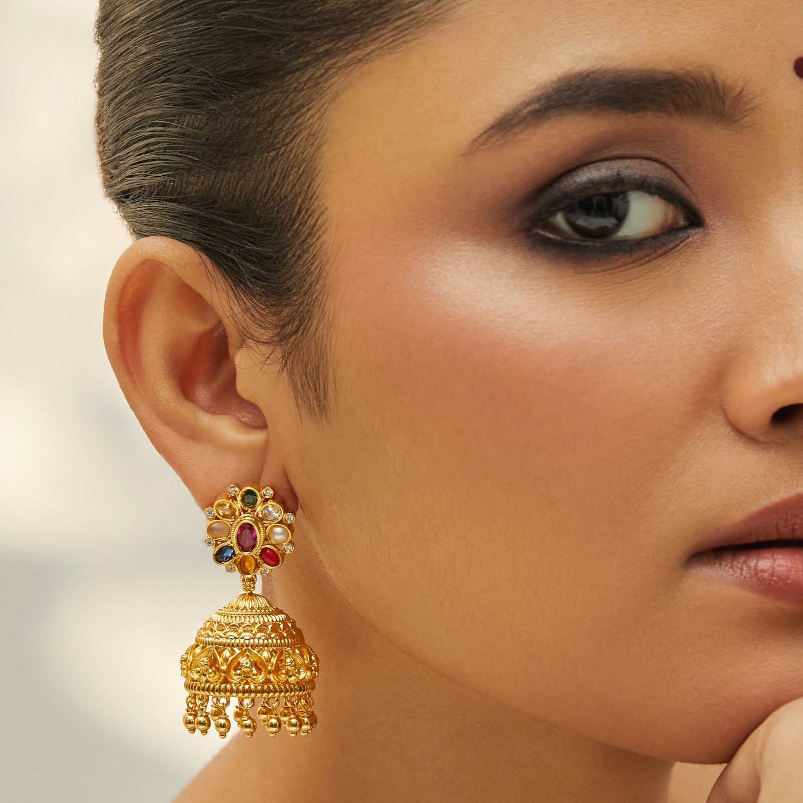 Navaratna Aabhar Silver Jhumka Earrings