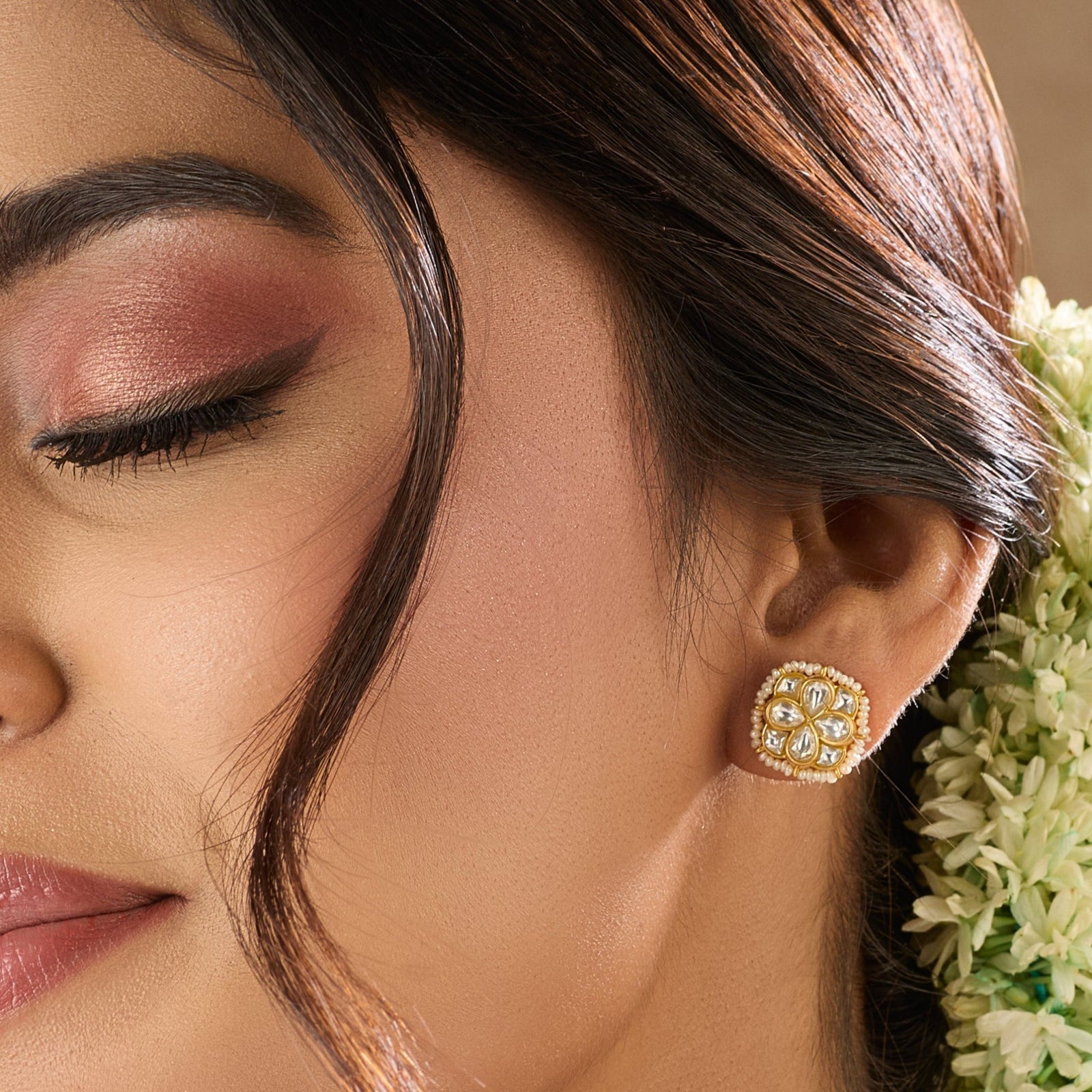 Moti Jadau Silver Stud Earrings