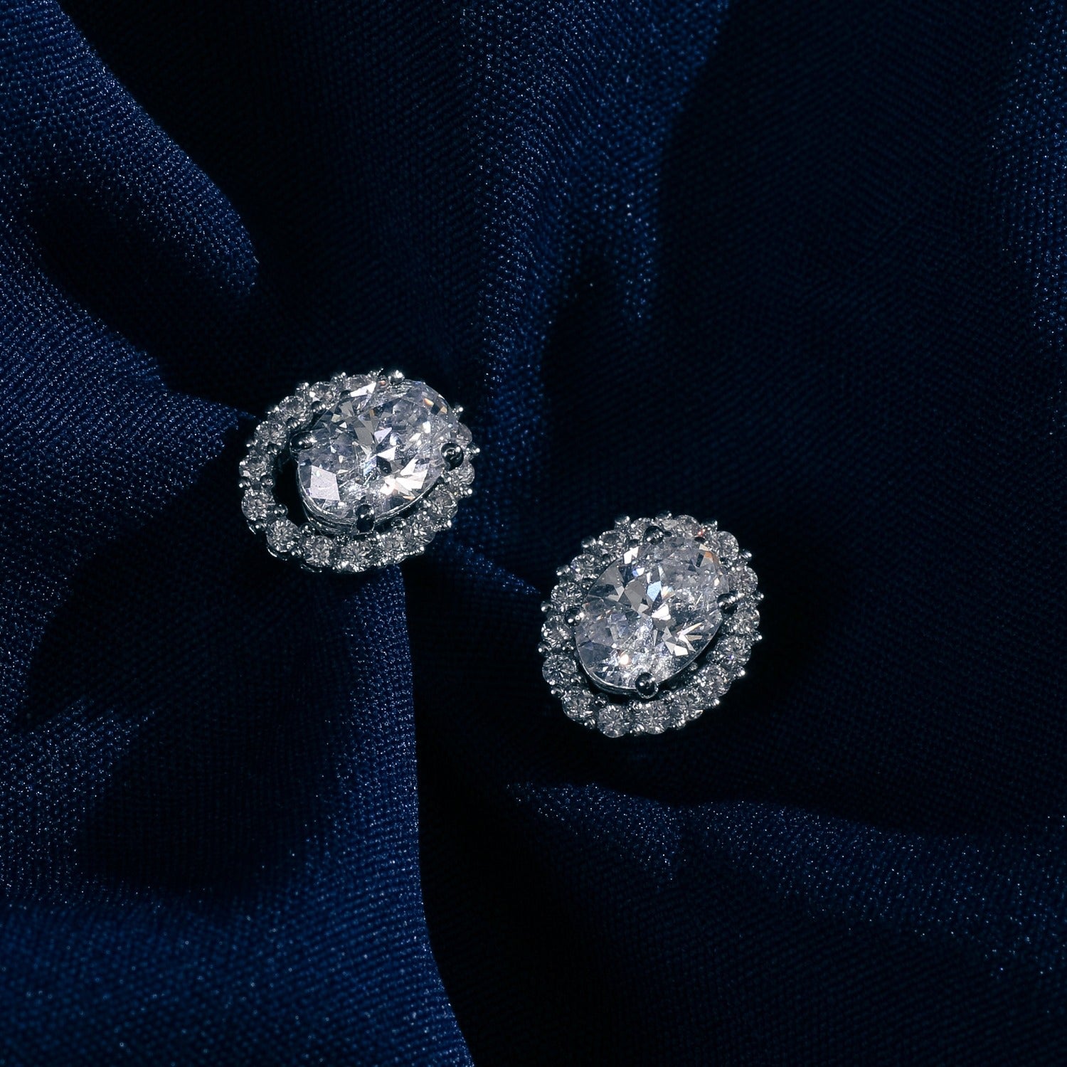 Oval CZ Solitaire and Halo Ear jacket Silver Stud Earrings
