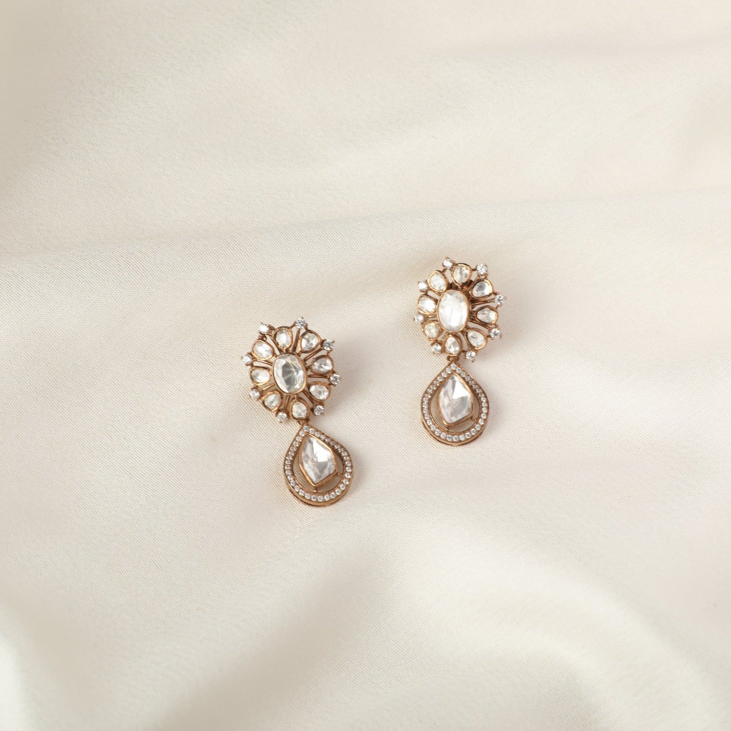 Moissanite Floral Silver Drop Earrings