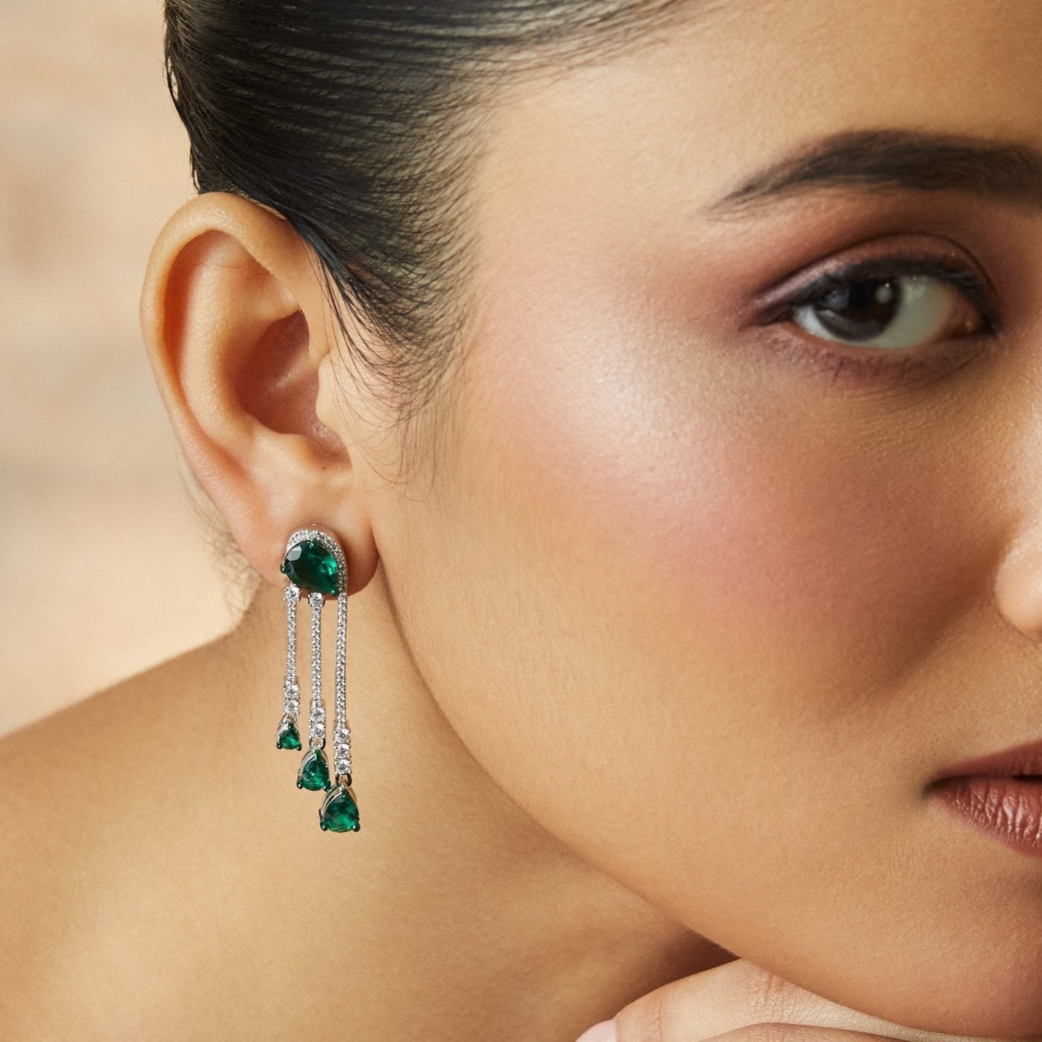 Emeraude Waterfall Silver Earrings