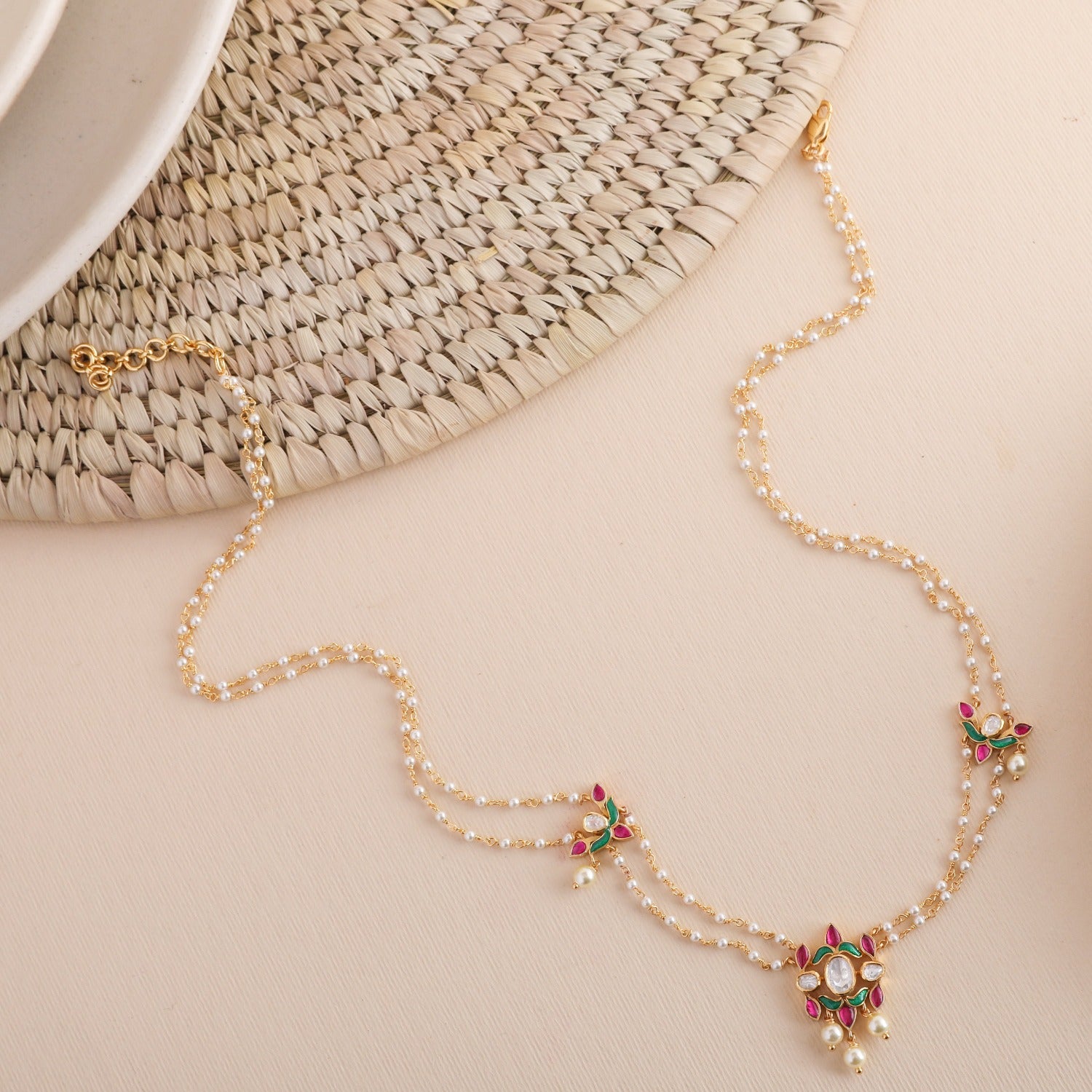 Malini Gold Plated Jadau and Pearl chain Short Necklace