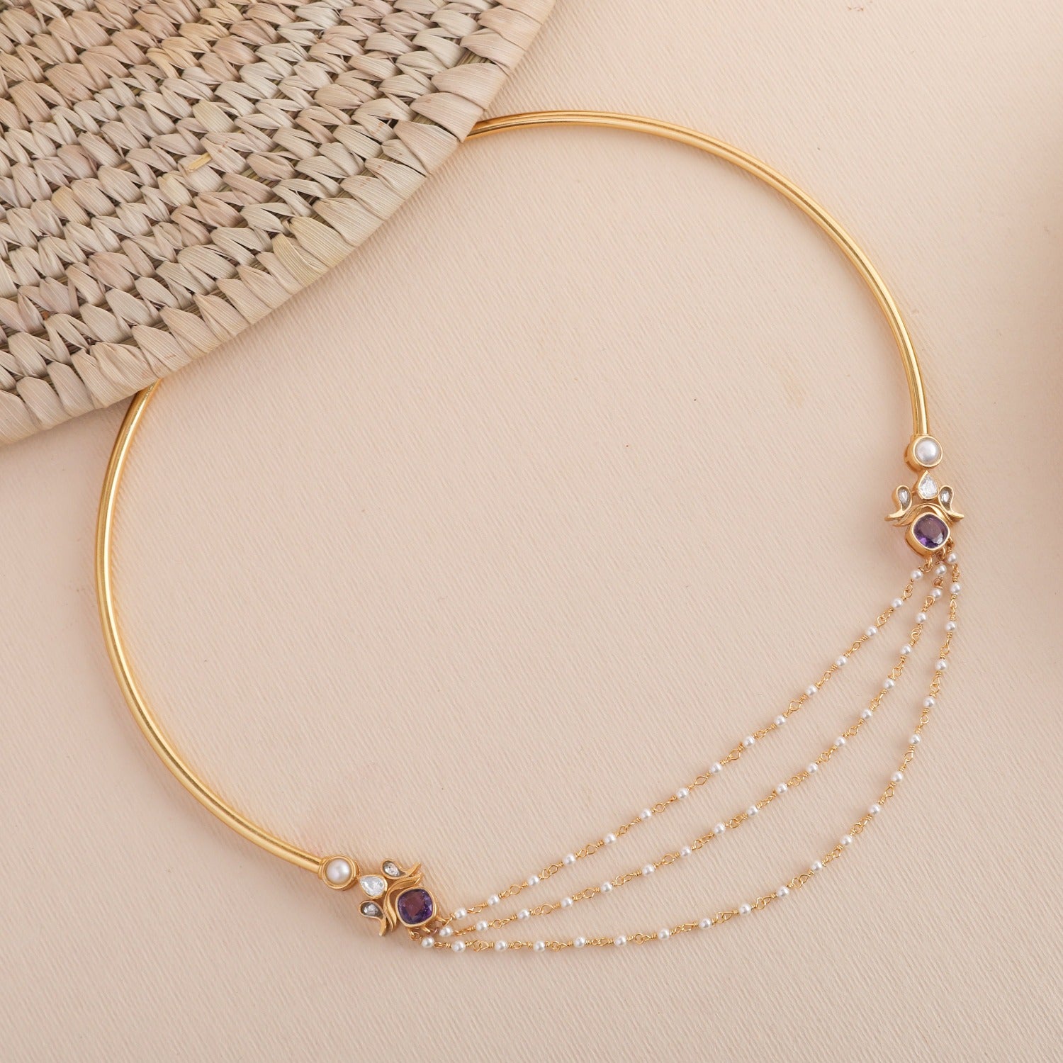 Vibha Gold Plated Gemstone and Pearl chain Hasli