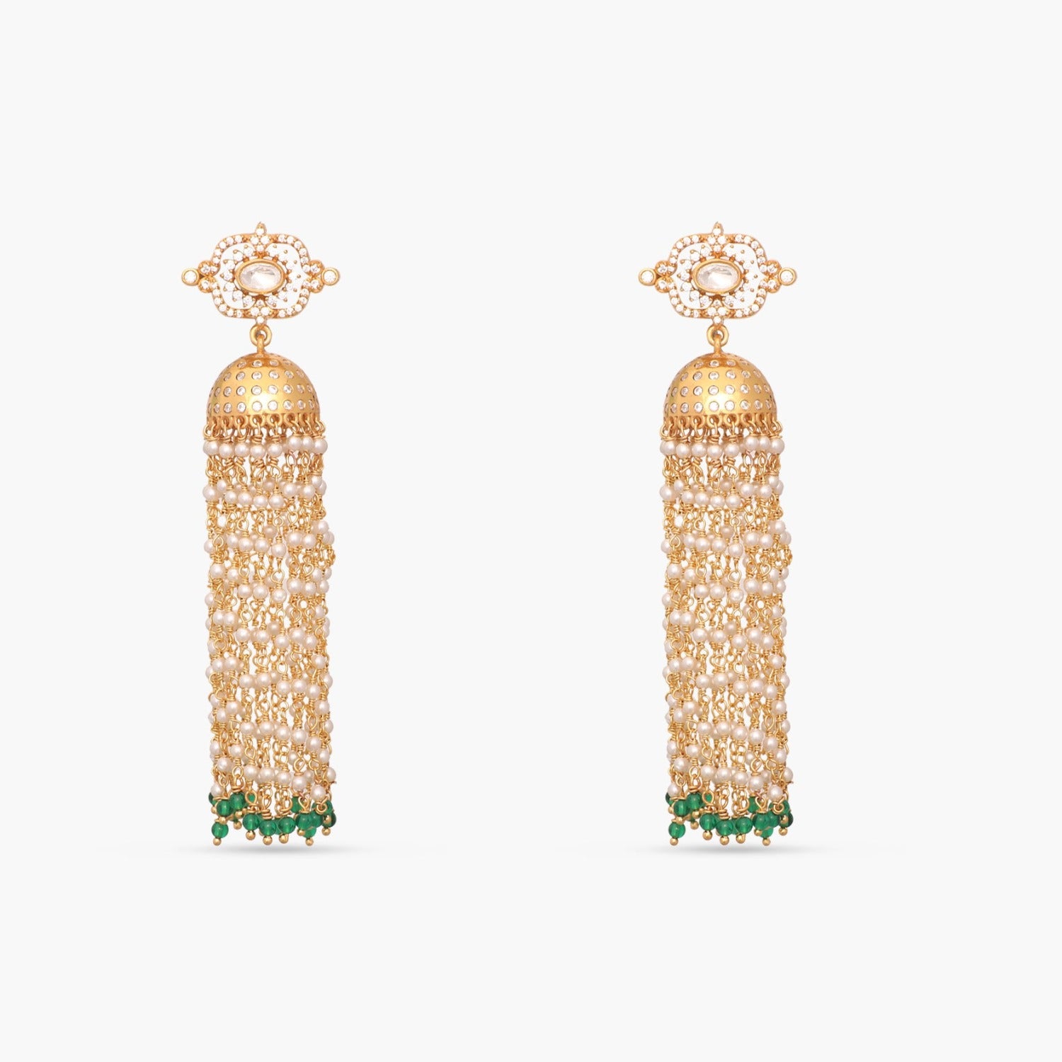 Noor Gold plated Pearl chain Moissanite and CZ Silver Jhumka
