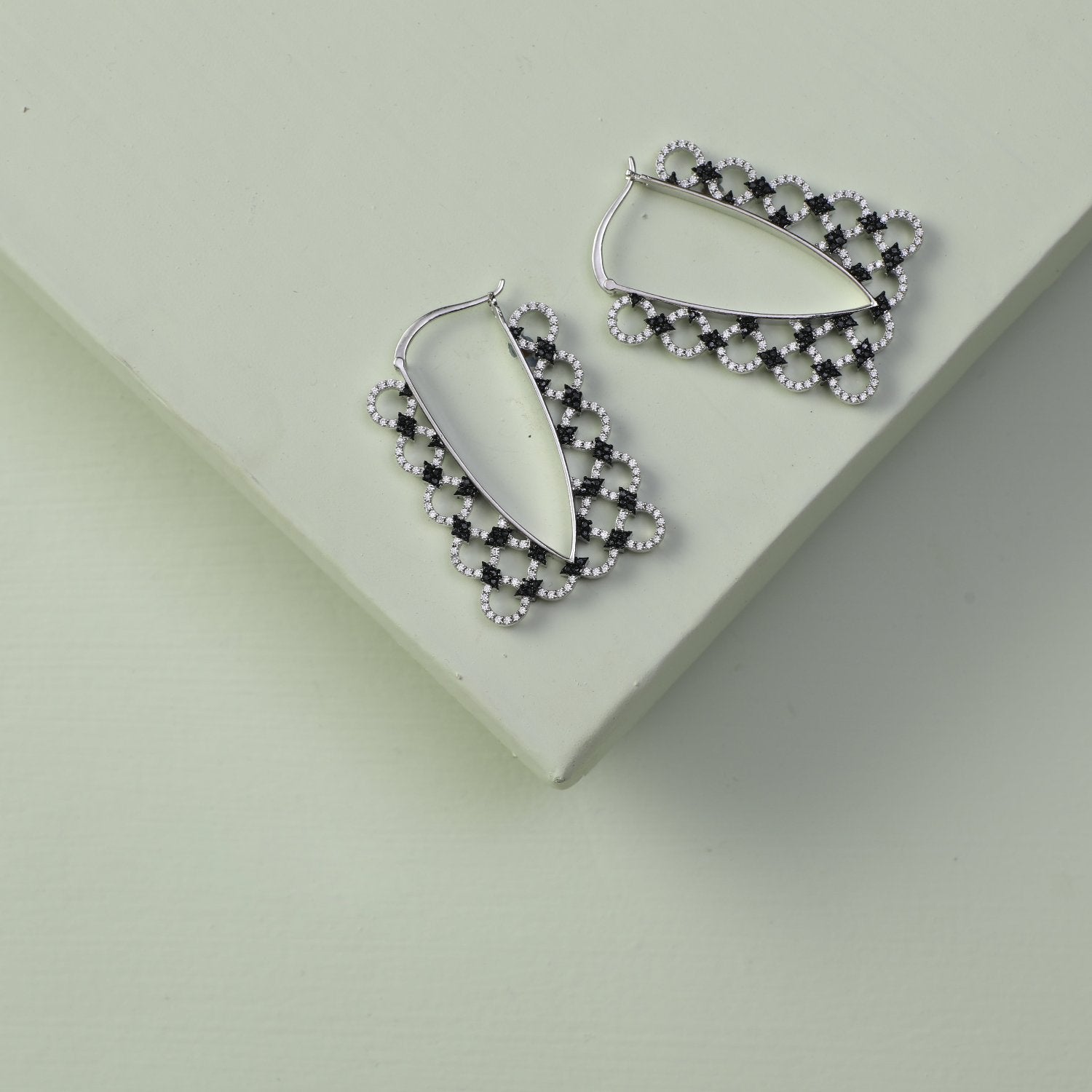 Monochrome Play Rectangular CZ Silver Hoop Earrings