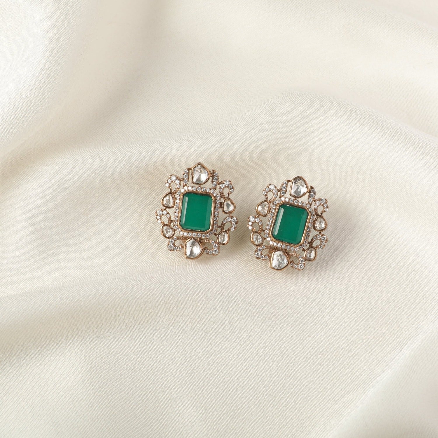 Square Emerald Silver Stud Earrings