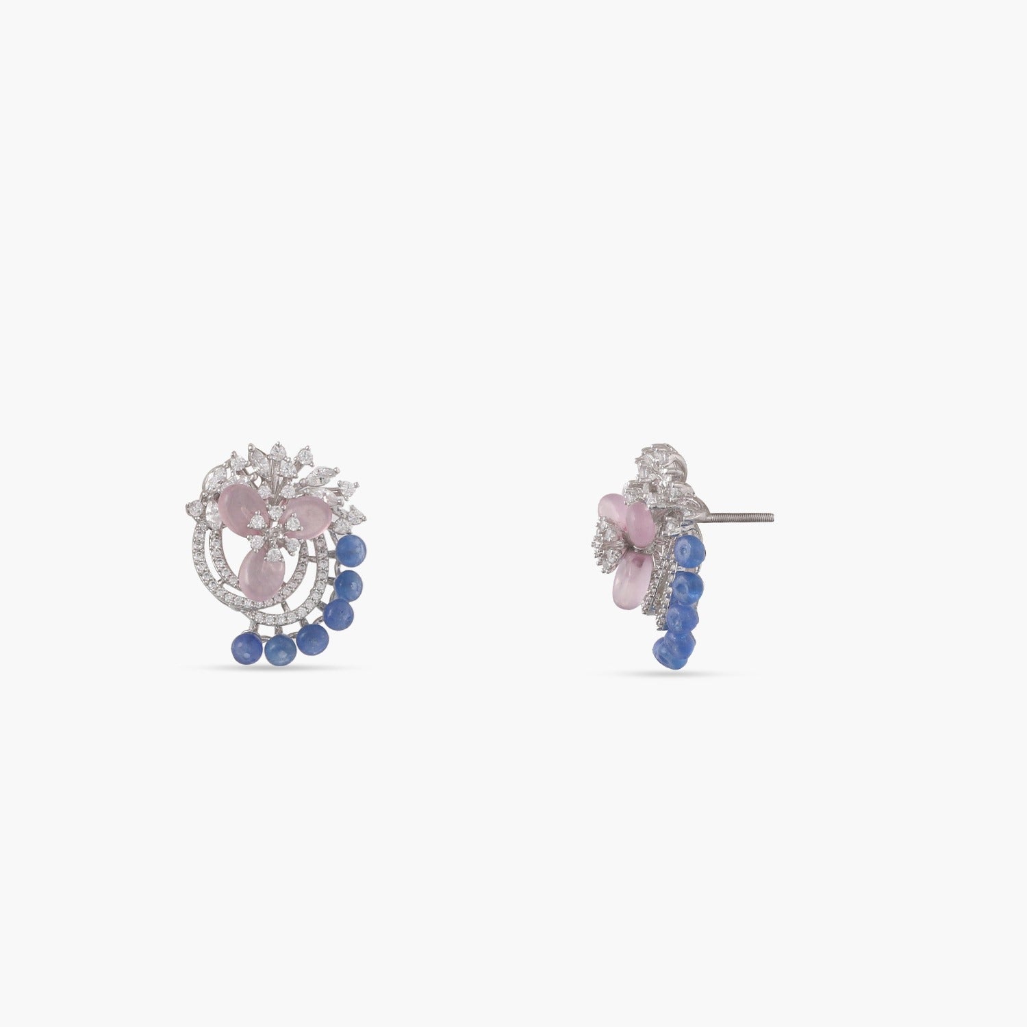 Floral Harmony Beaded CZ Silver Stud Earrings