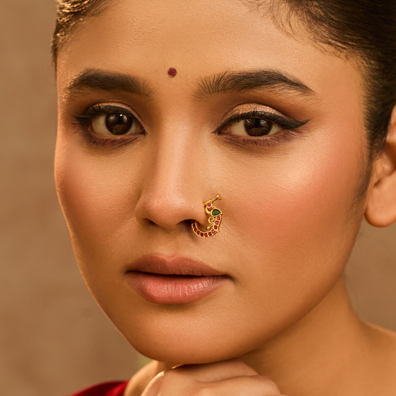 Manvitha Kempu Jadau Silver Nose Ring