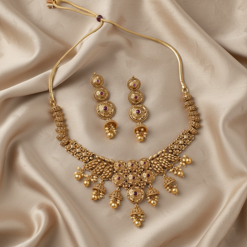 Swara Classic Jhumki Silver Necklace Set