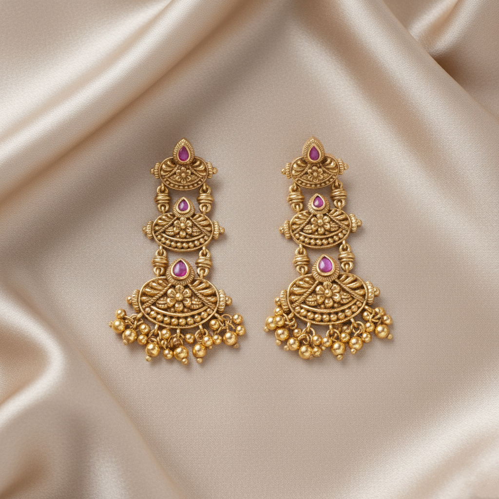 Swara Three Layer Floral Silver Drop Earrings