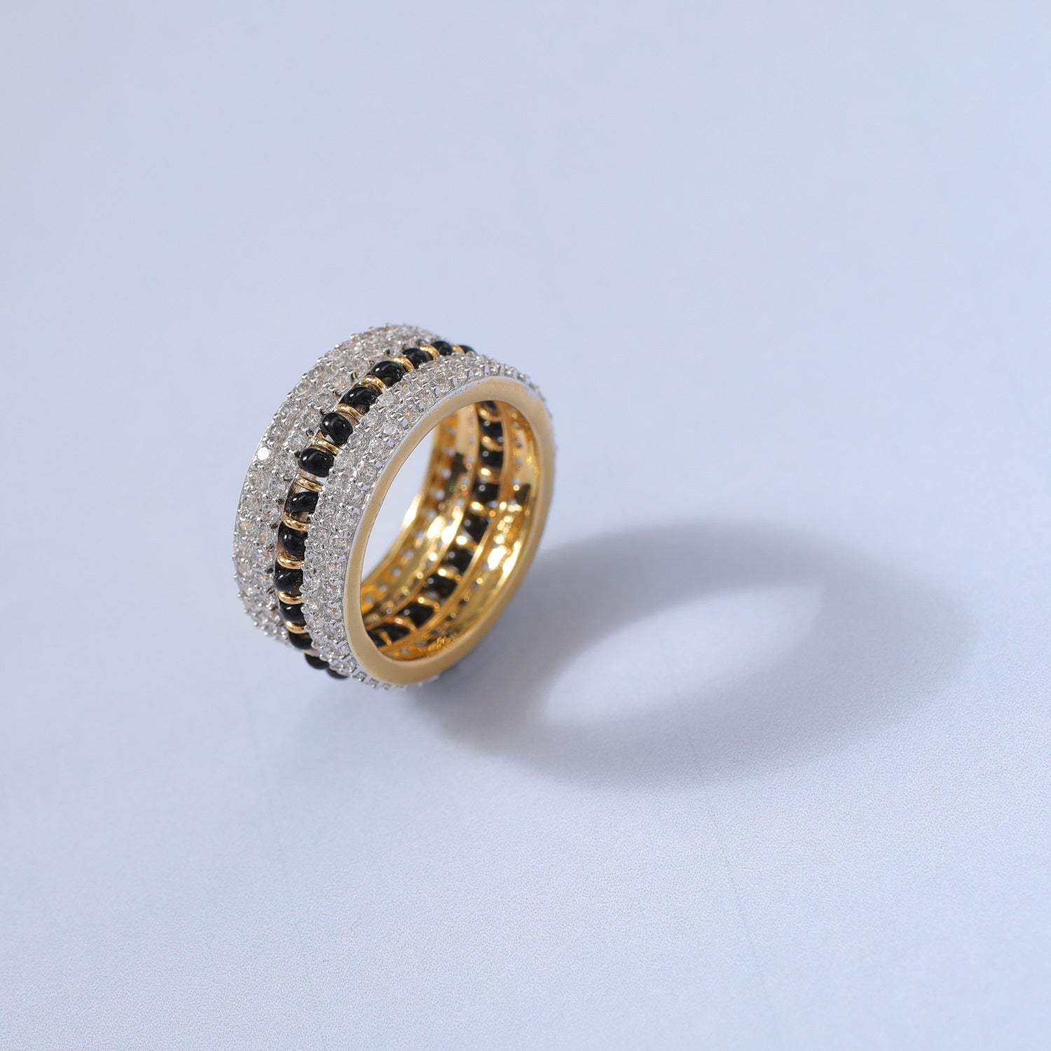 Elegant CZ Silver Black Bead Band Ring
