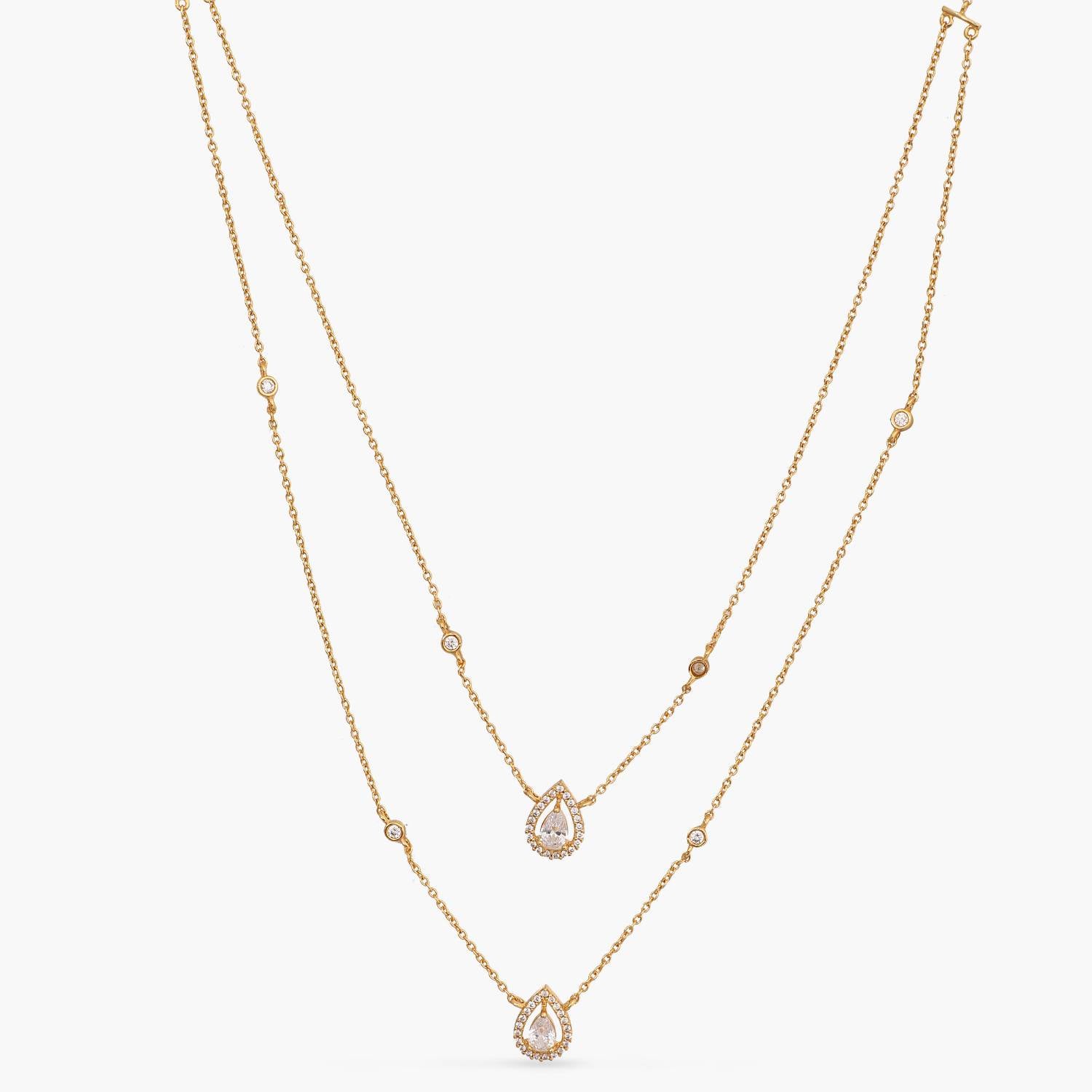 Double Layer CZ Pear Shaped Charm Delicate Silver Pendant Necklace