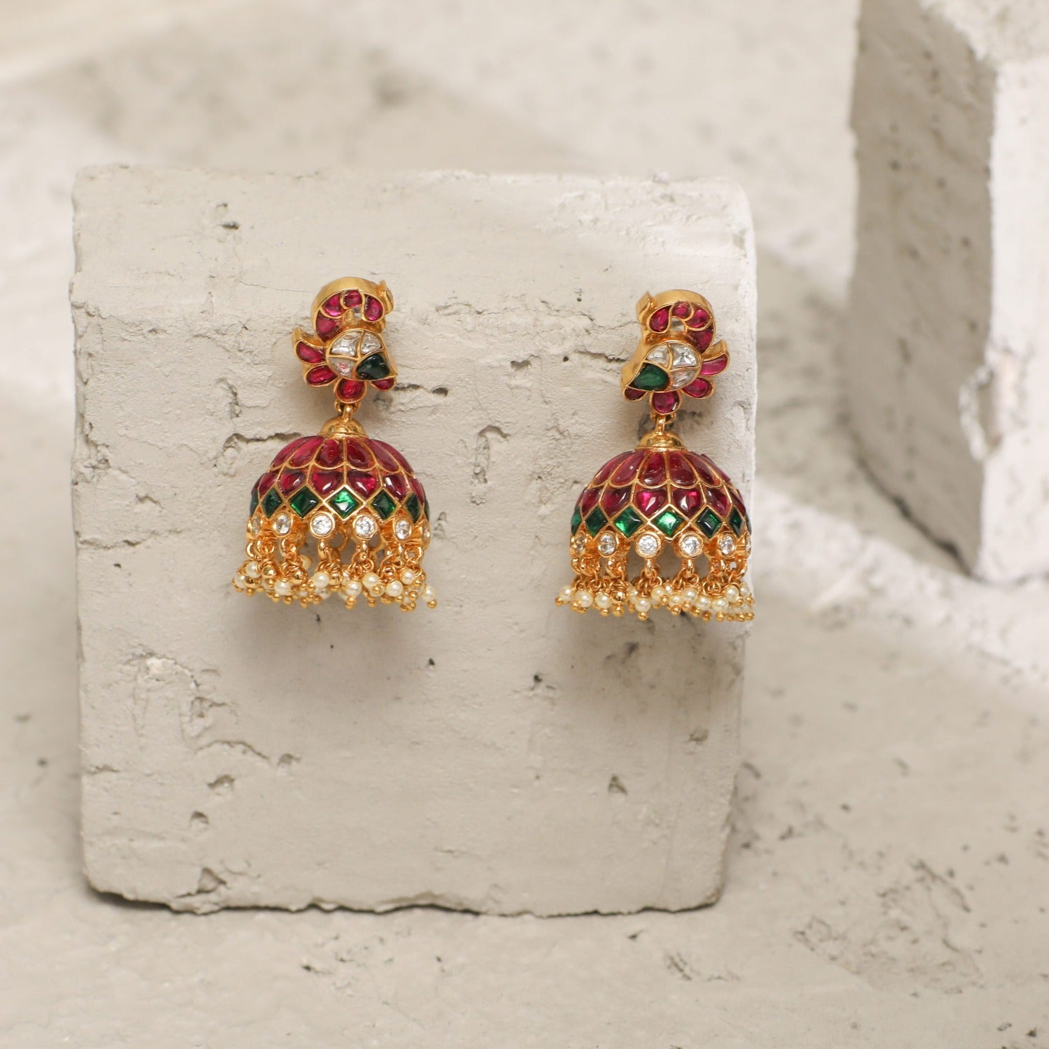 Pekham Kempu Jadau Silver Jhumka Earrings