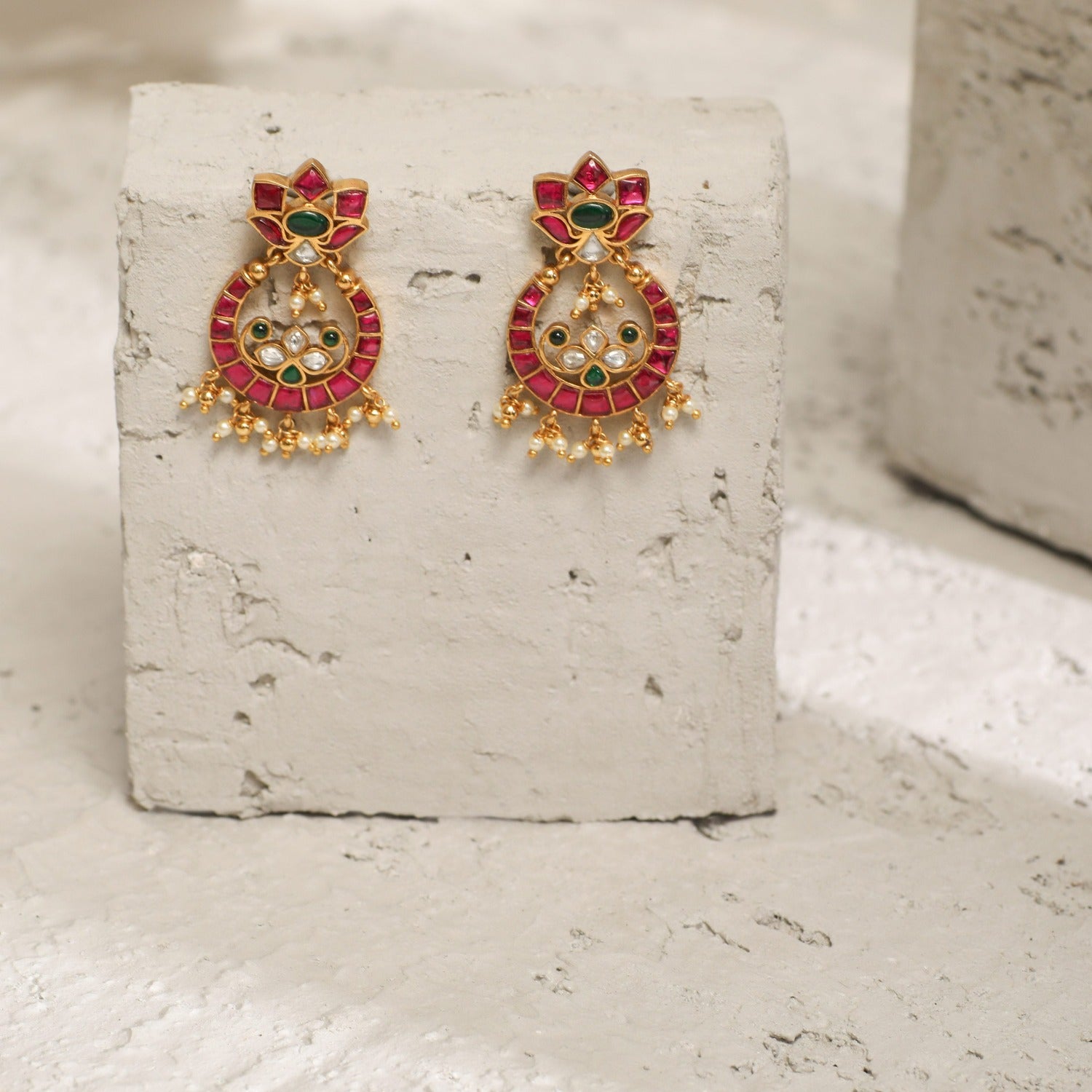 Pushpa Kempu Jadau Silver Chandbali Earrings