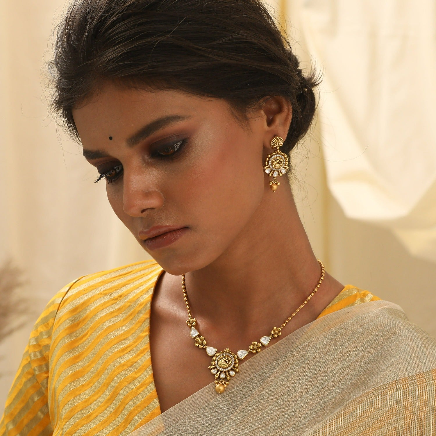 Mayoorika Nakshi Moissanite Silver Necklace Set