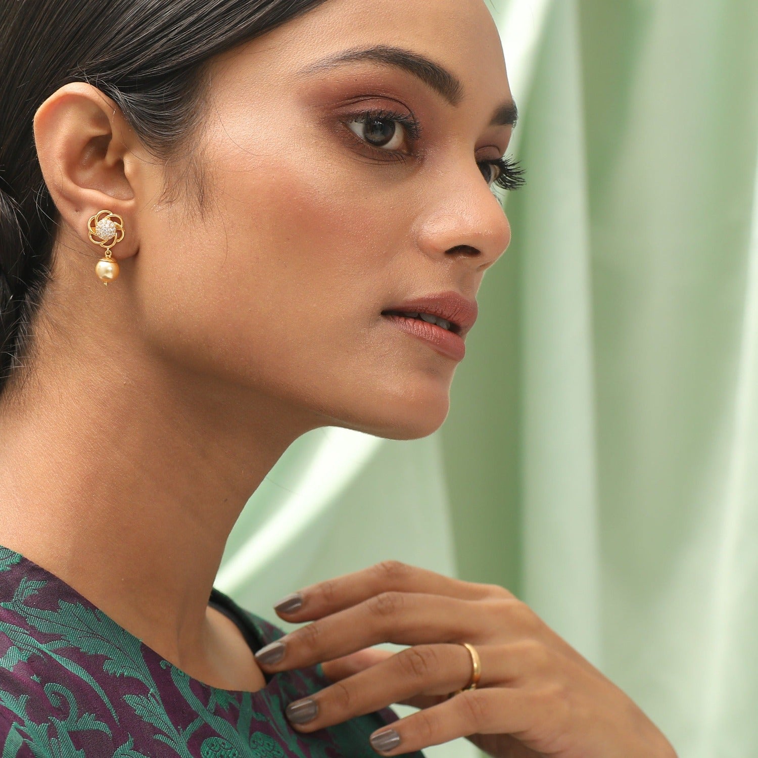 Floral CZ Pearl Drop Silver Earrings