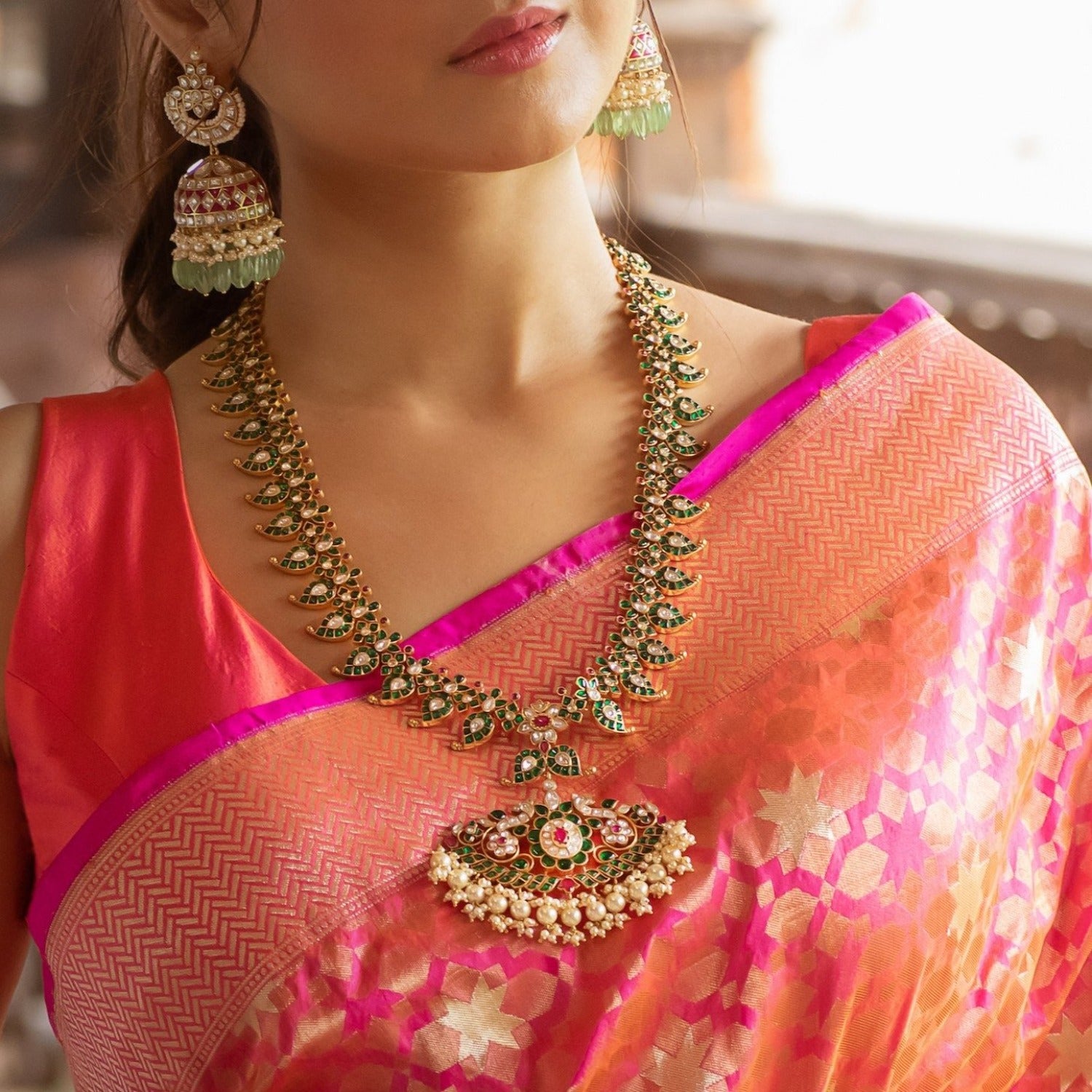 Mankani Kempu Mango Silver Long Necklace