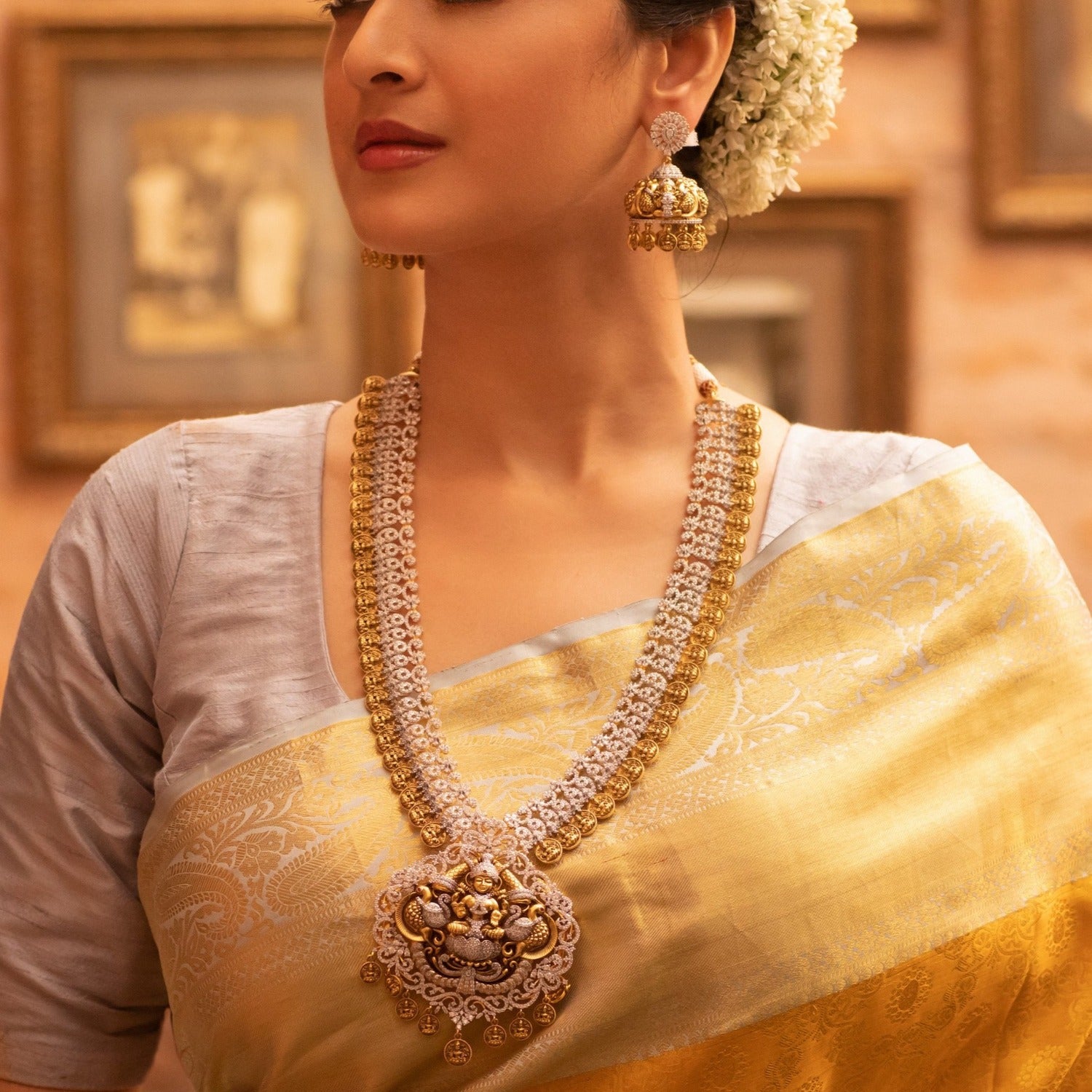 Lakshita Antique Nakshi Silver CZ Necklace Set