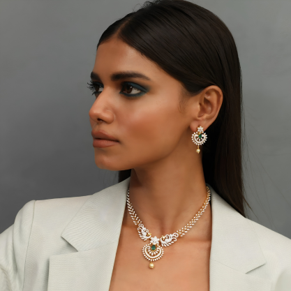 Woman wearing an elegant silver necklace and matching earrings with intricate detailing.