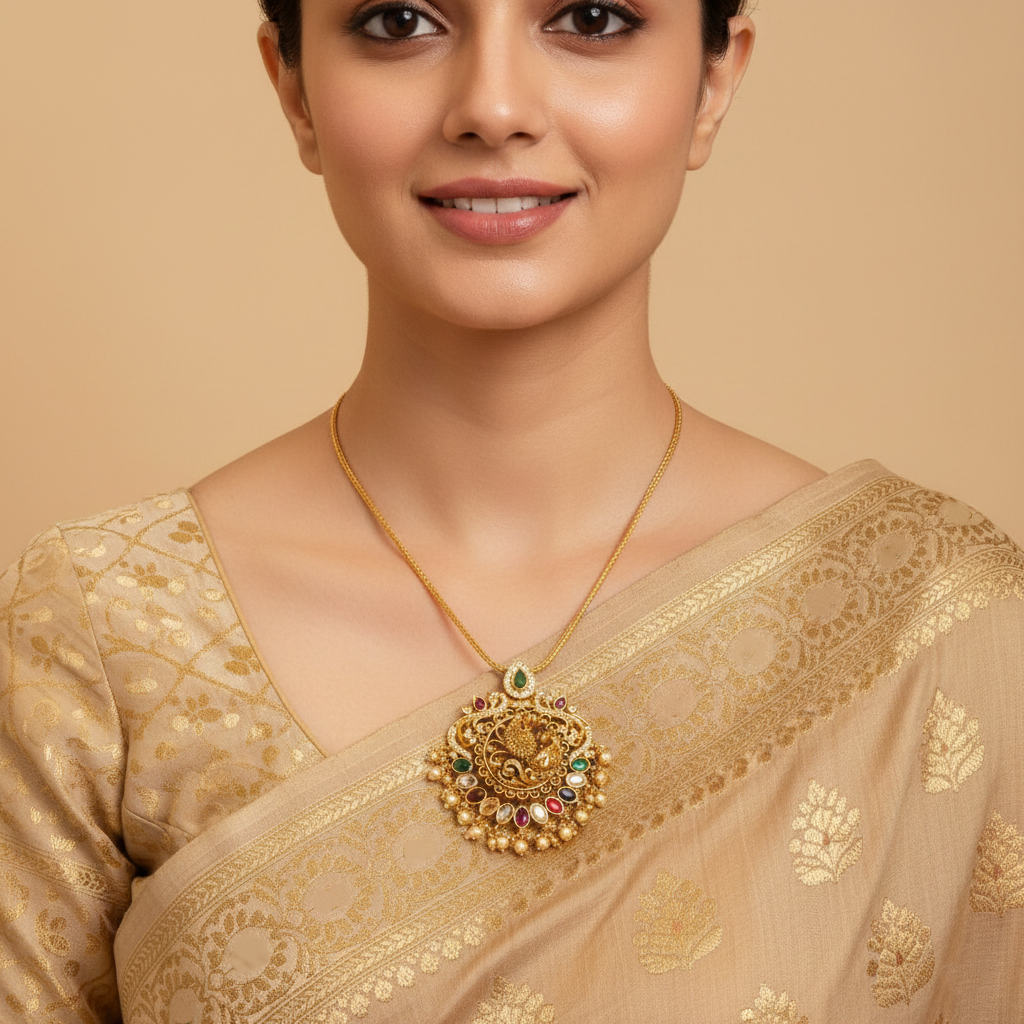 Mayuri CZ Silver Navaratna Pendant Necklace
