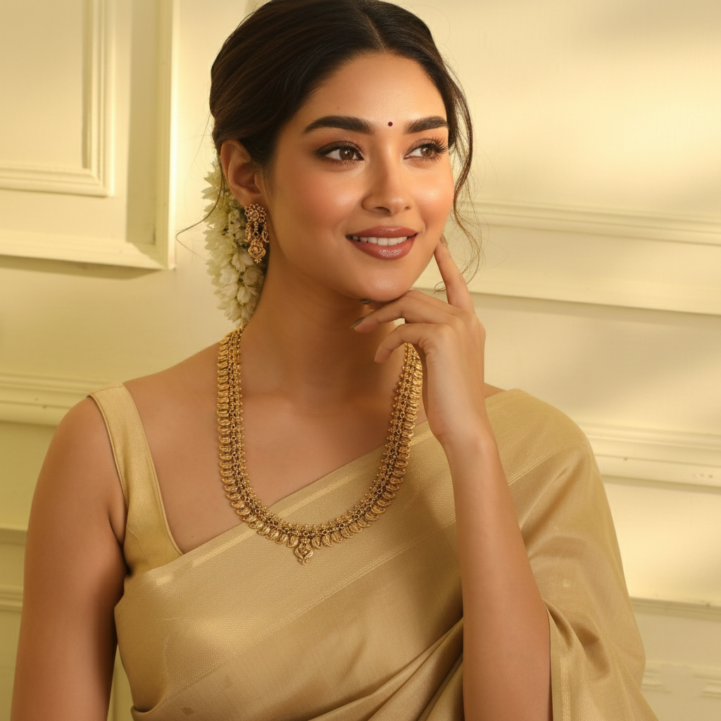 Swara Mango Motif Silver Long Necklace Set
