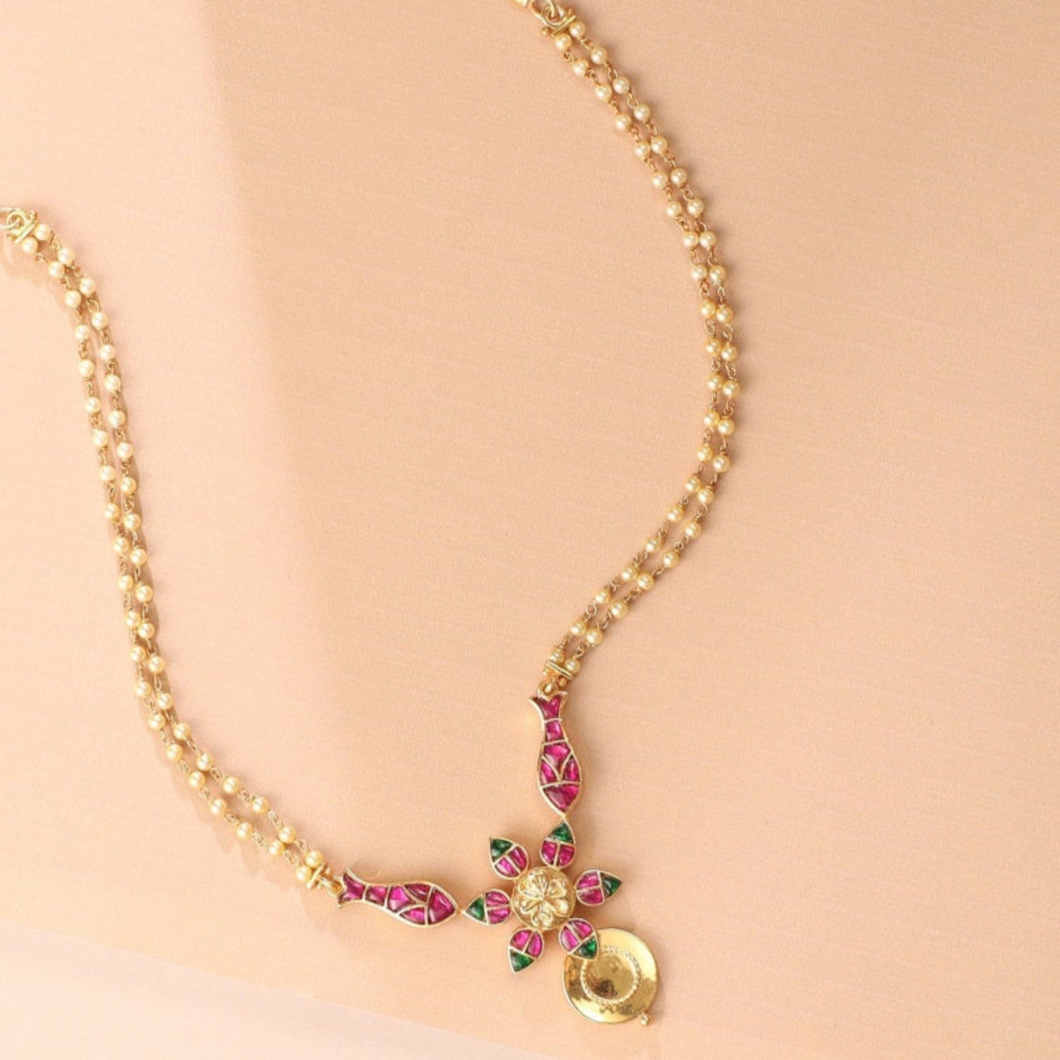 Matsya Pearl String Floral Silver Necklace