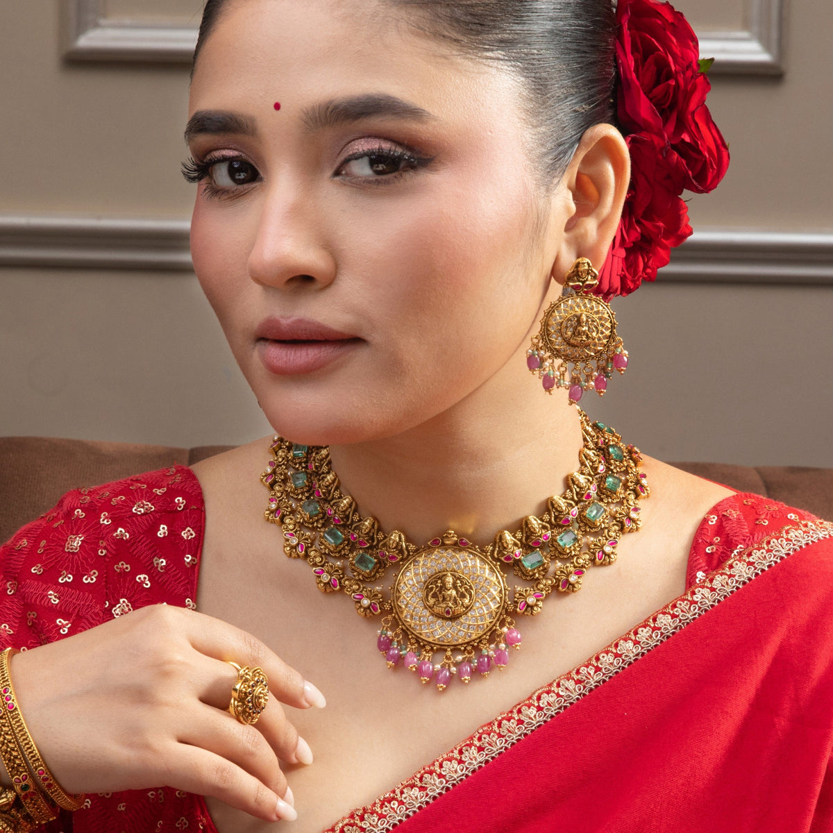 Shreeya Temple Silver Necklace Set