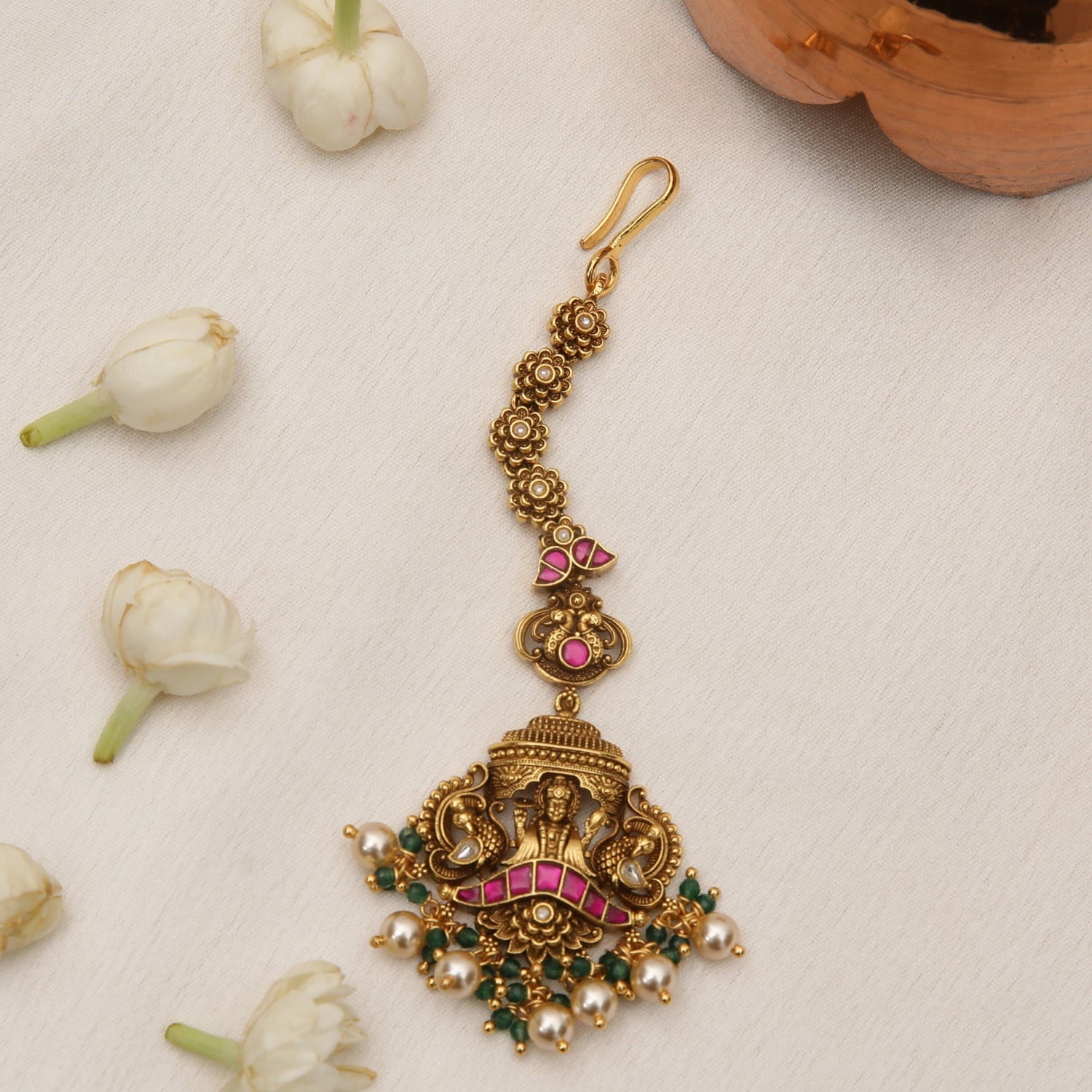 Hair Accessories Sharada Pearl Lakshmi Silver Maang Tikka