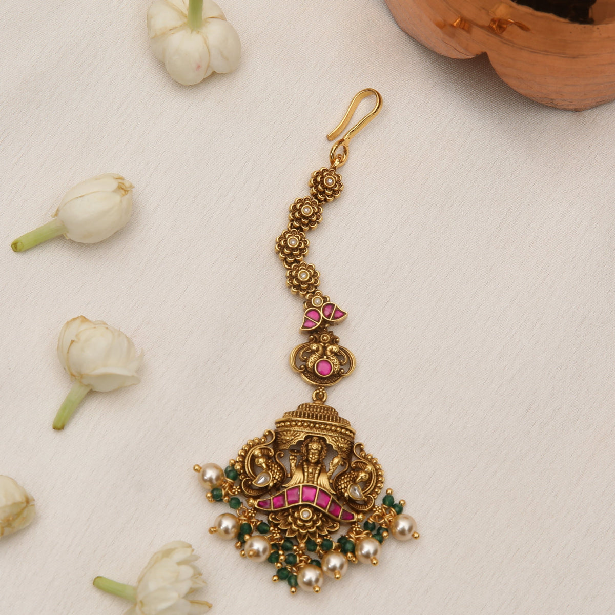  Sharada Pearl Lakshmi Silver Maang Tikka