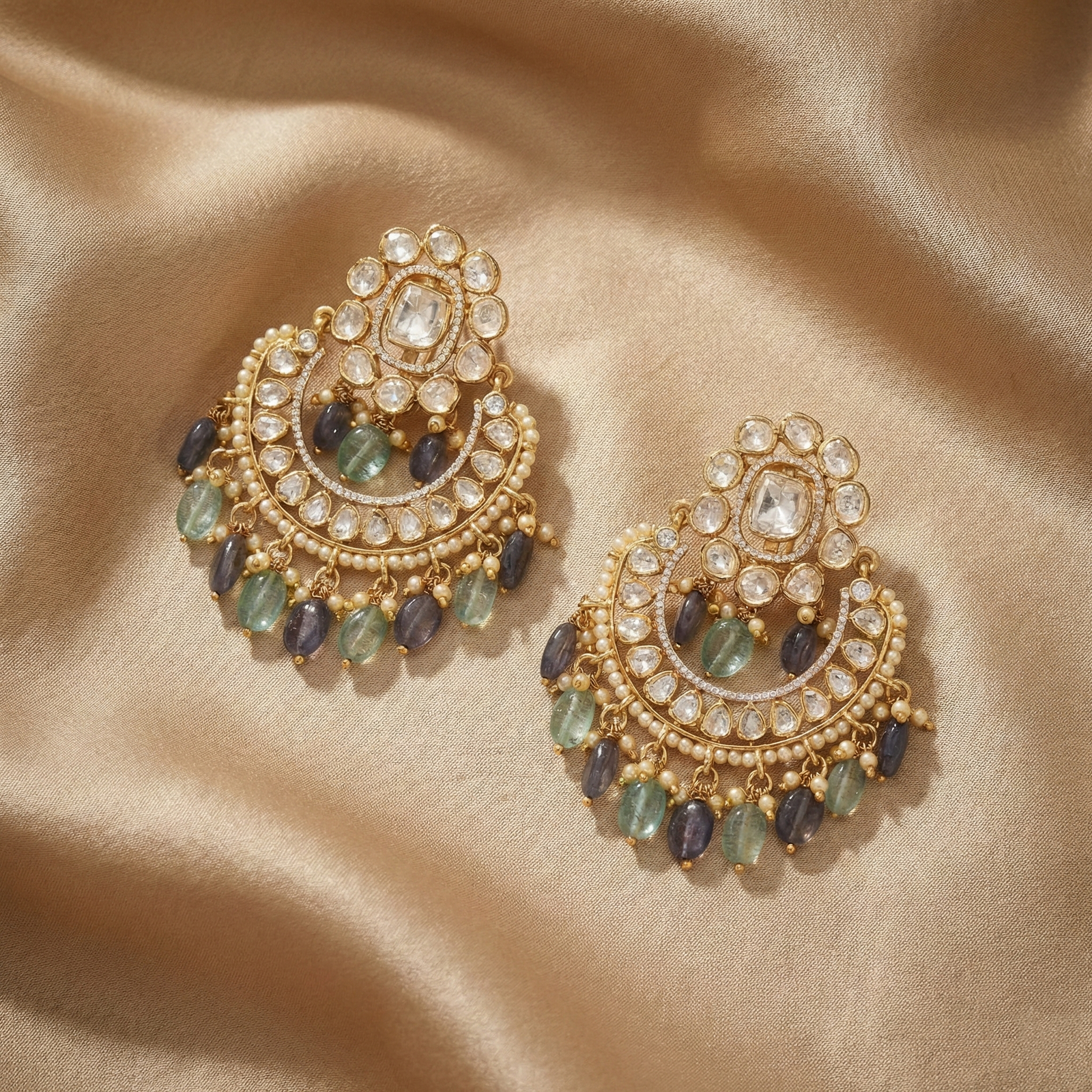 Aqua Moissanite Silver Chandbali Earrings