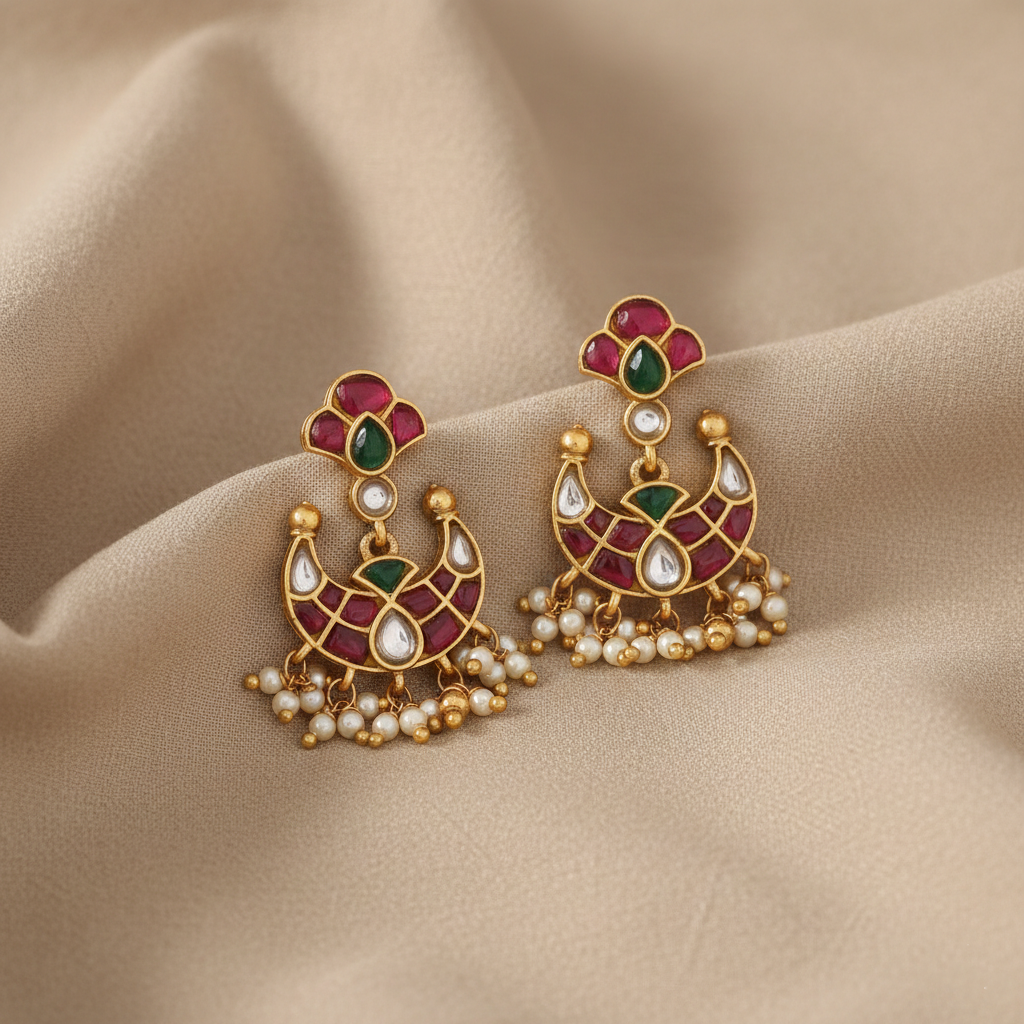 Arni Polki Moon Chaandbali Silver Earrings