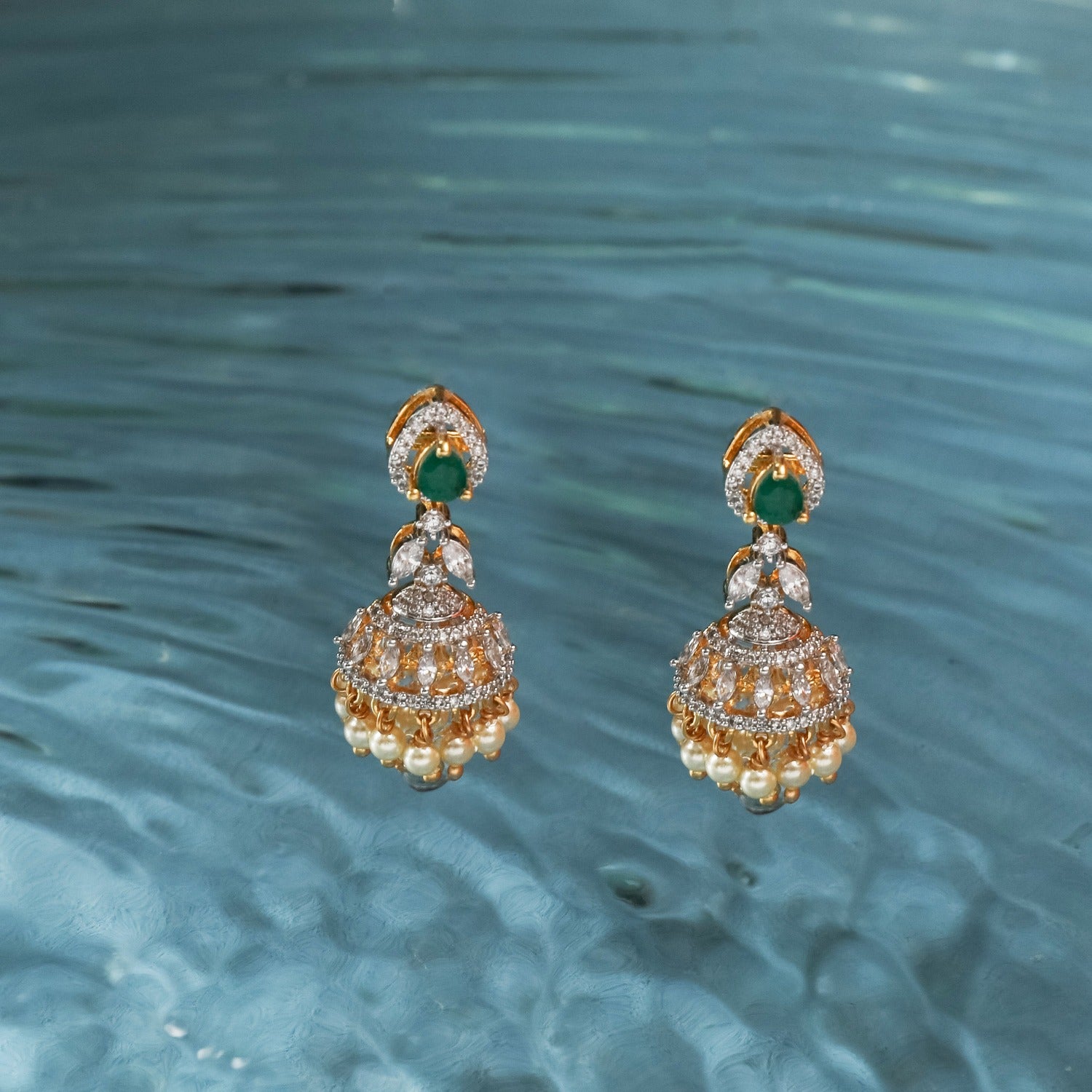 Gold Plated CZ Enchanting Designer Jhumka Earrings with Pearls – Estele