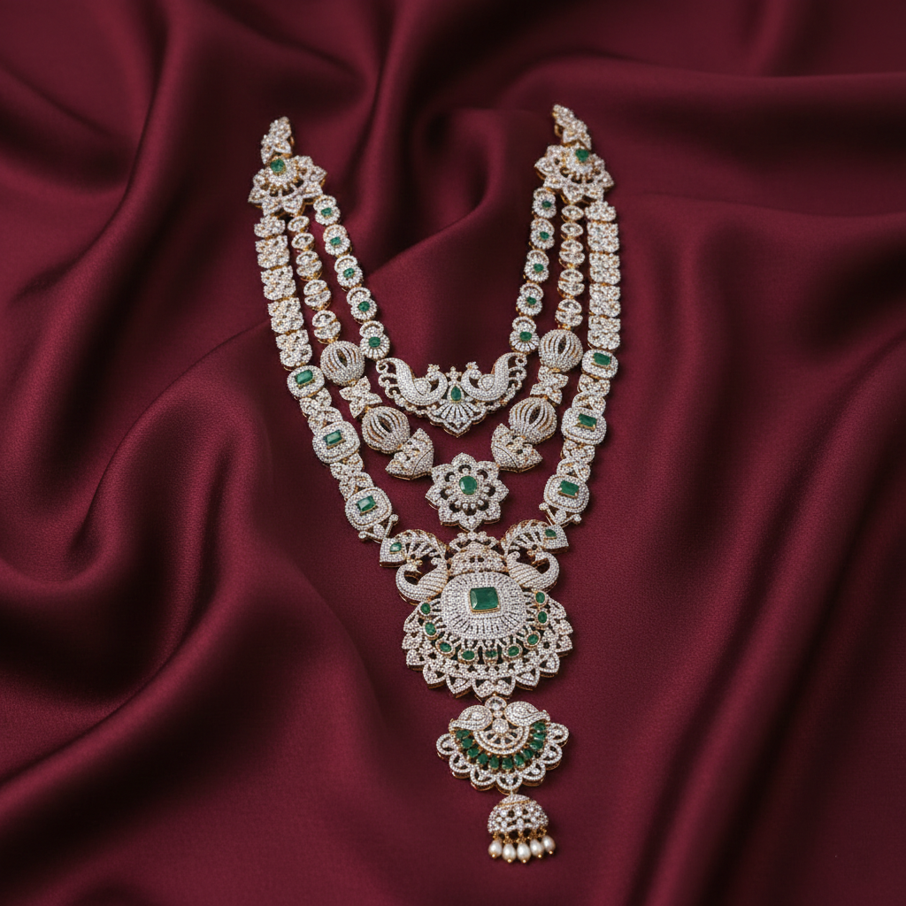 Necklaces Bharavi Three Layered CZ Silver Necklace