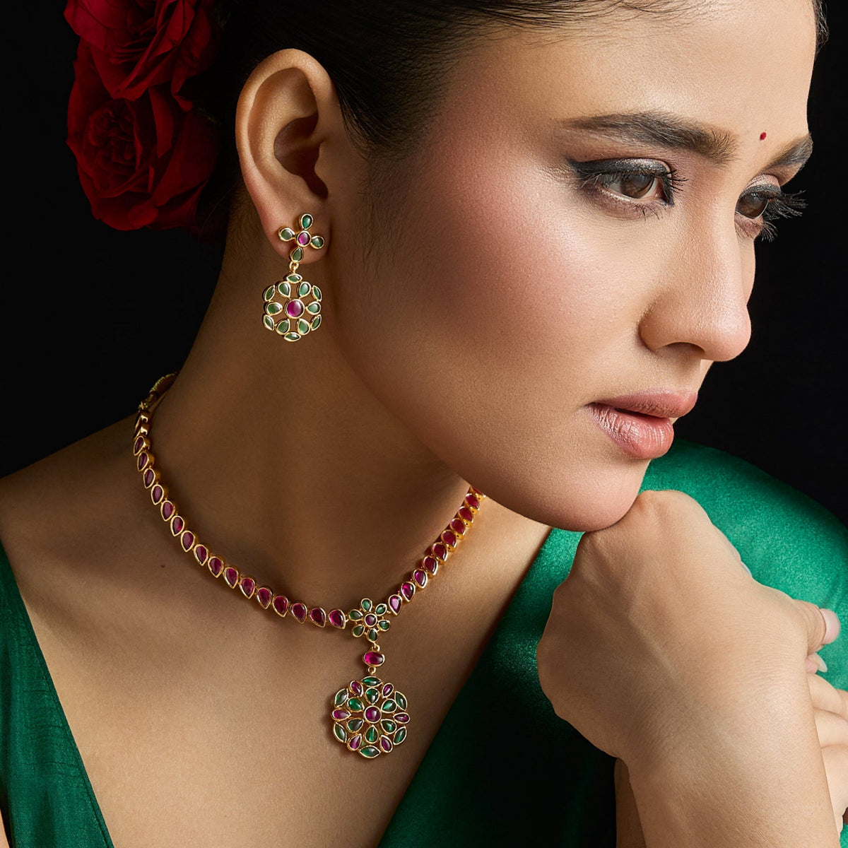  Aarohi Kempu Silver Necklace Set