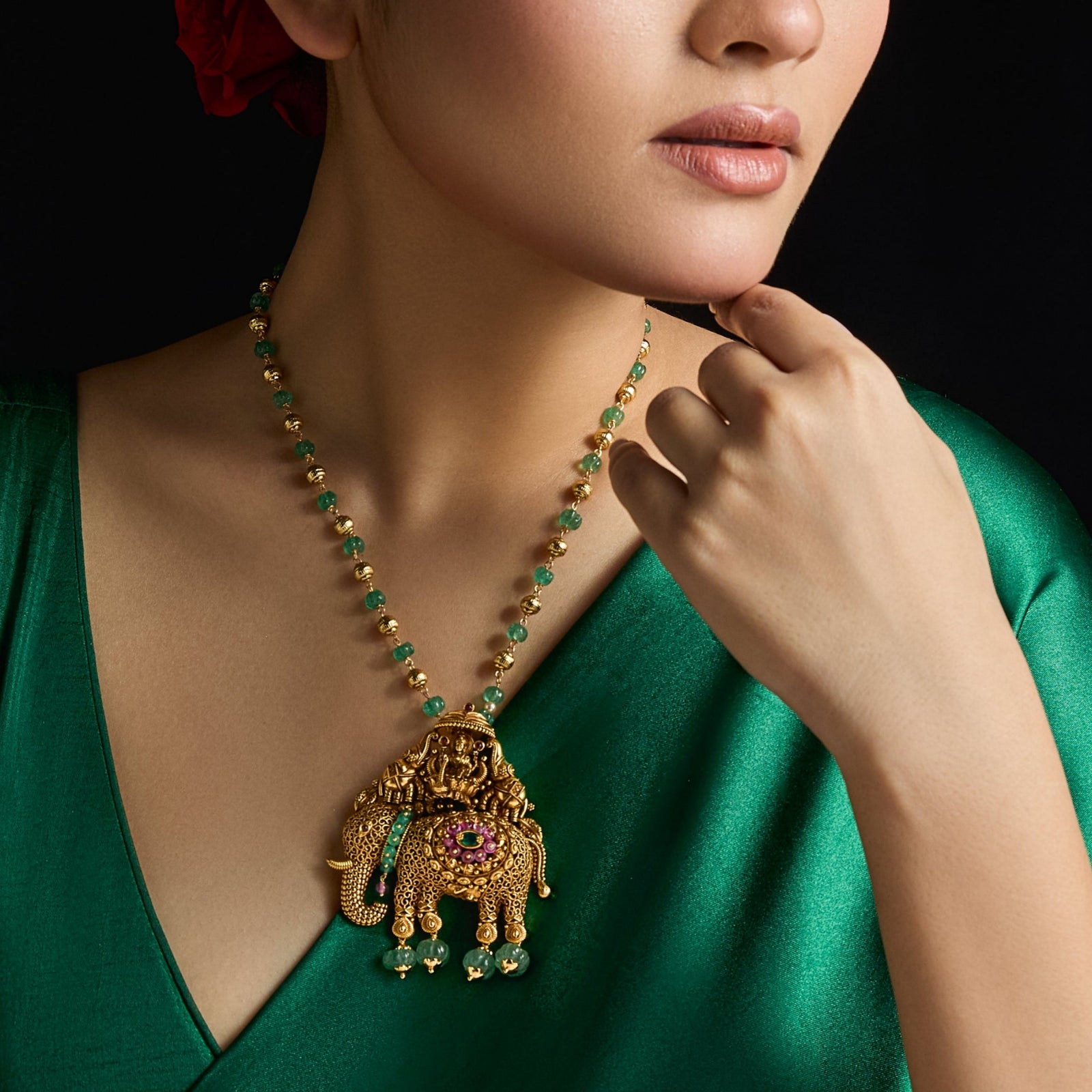 Gajalakshmi Antique Silver Pendant Necklace 