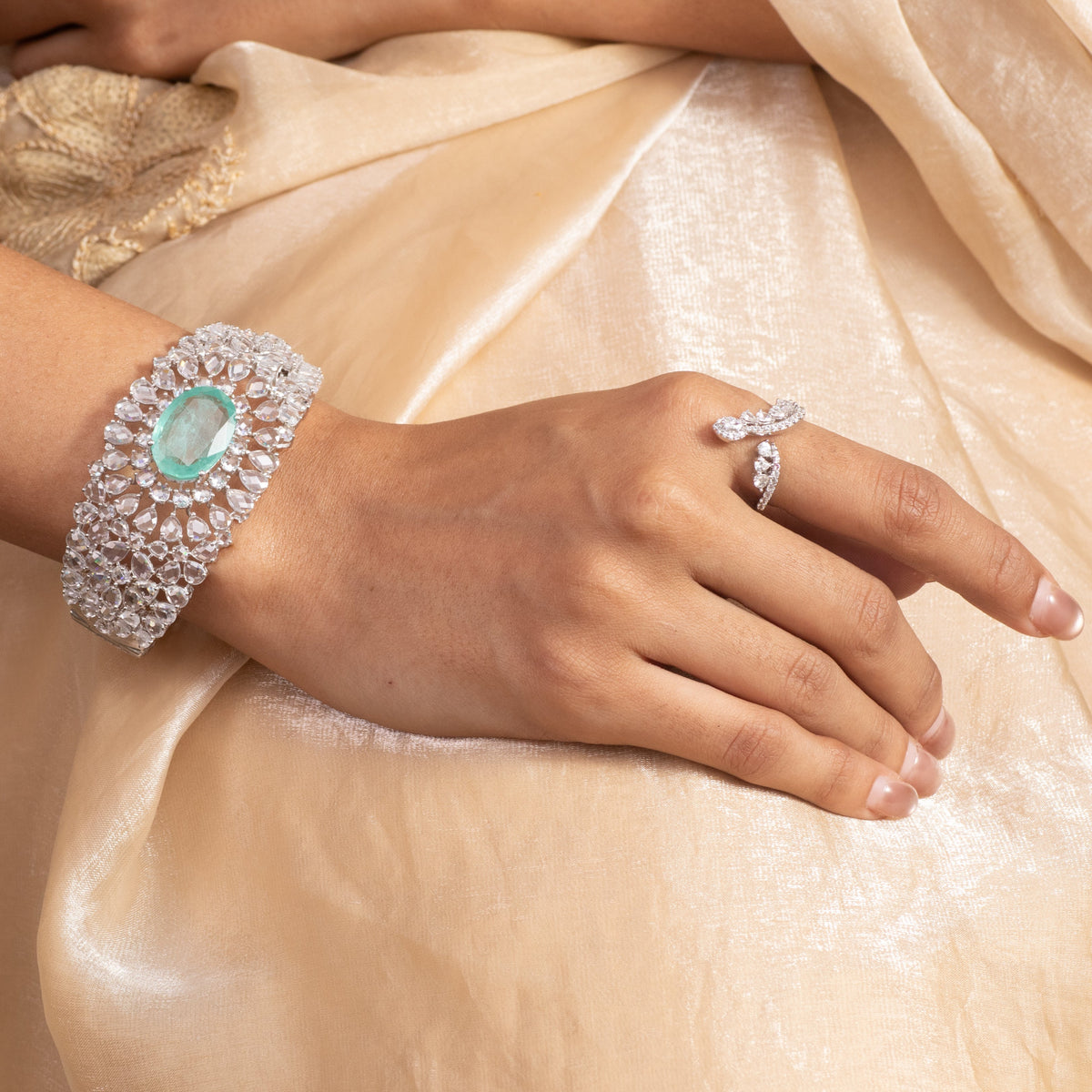 Elara Emerald Silver Cuff Bracelet