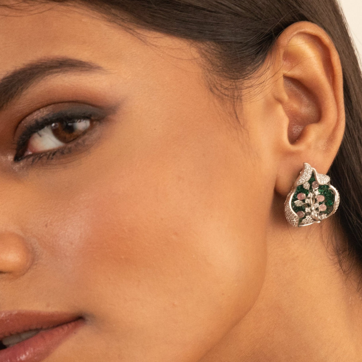 Floral Shine CZ Silver Stud Earrings 